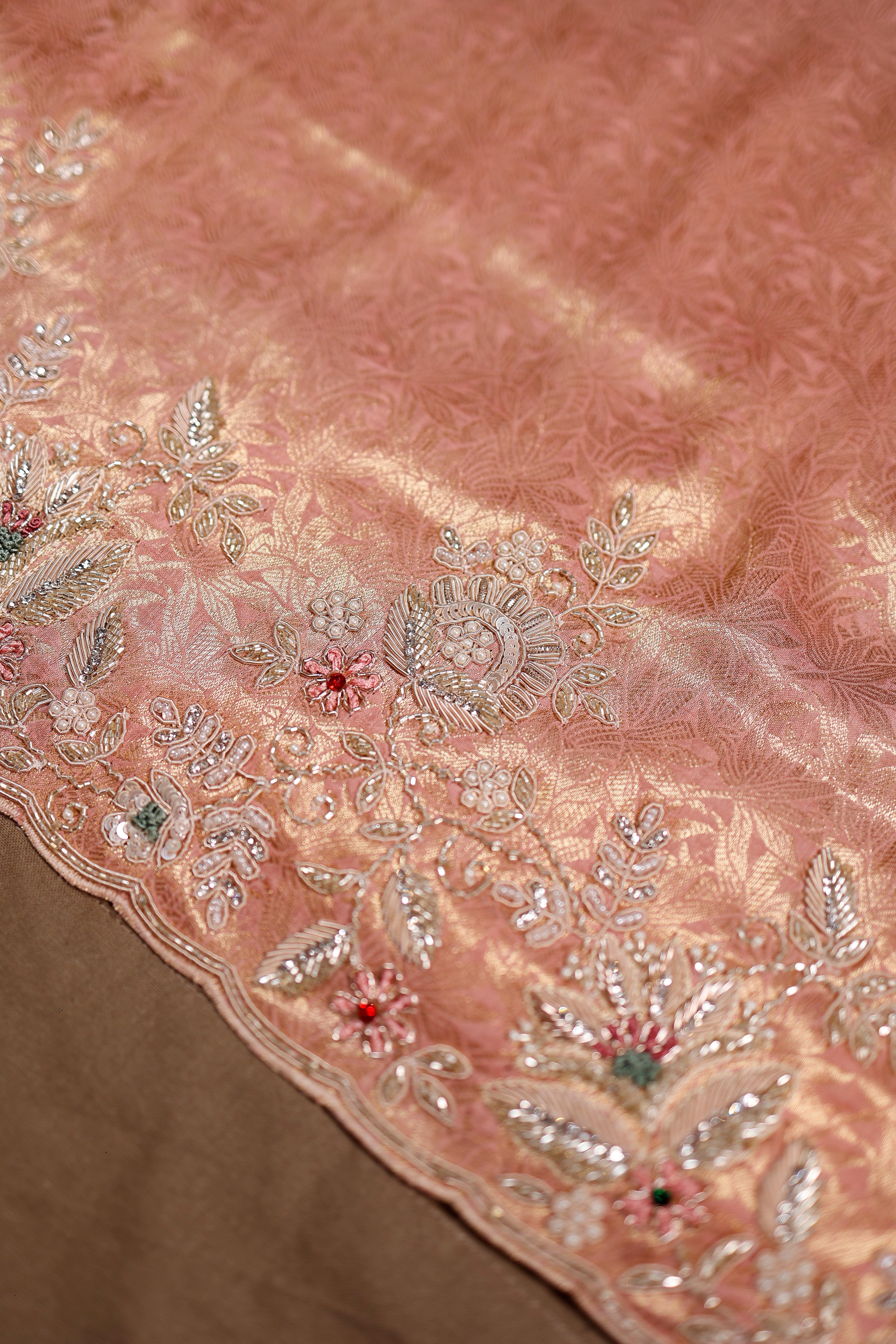 Designer Onion Pink Tissue Silk Saree