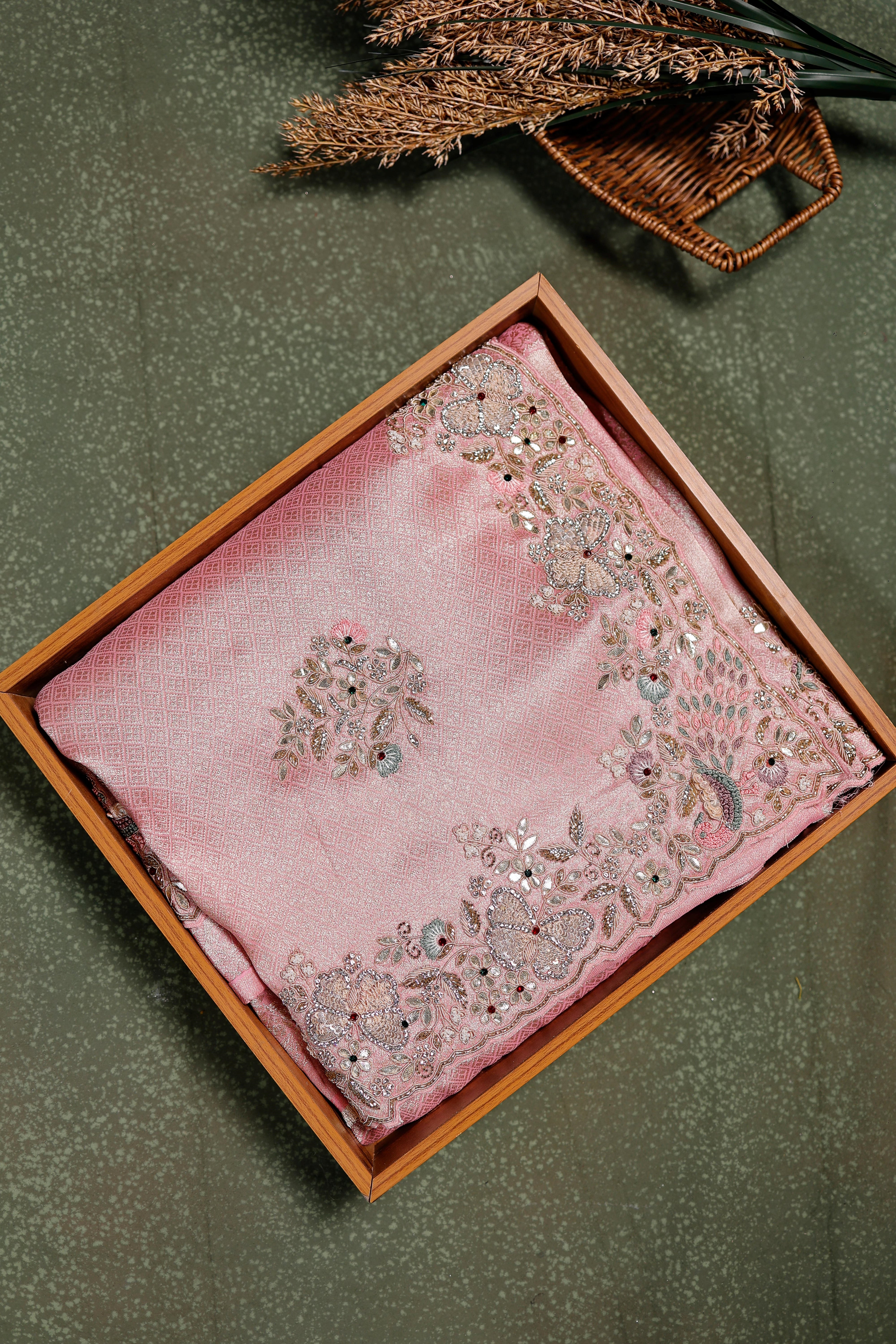 Designer Onion Pink Tissue Silk Saree