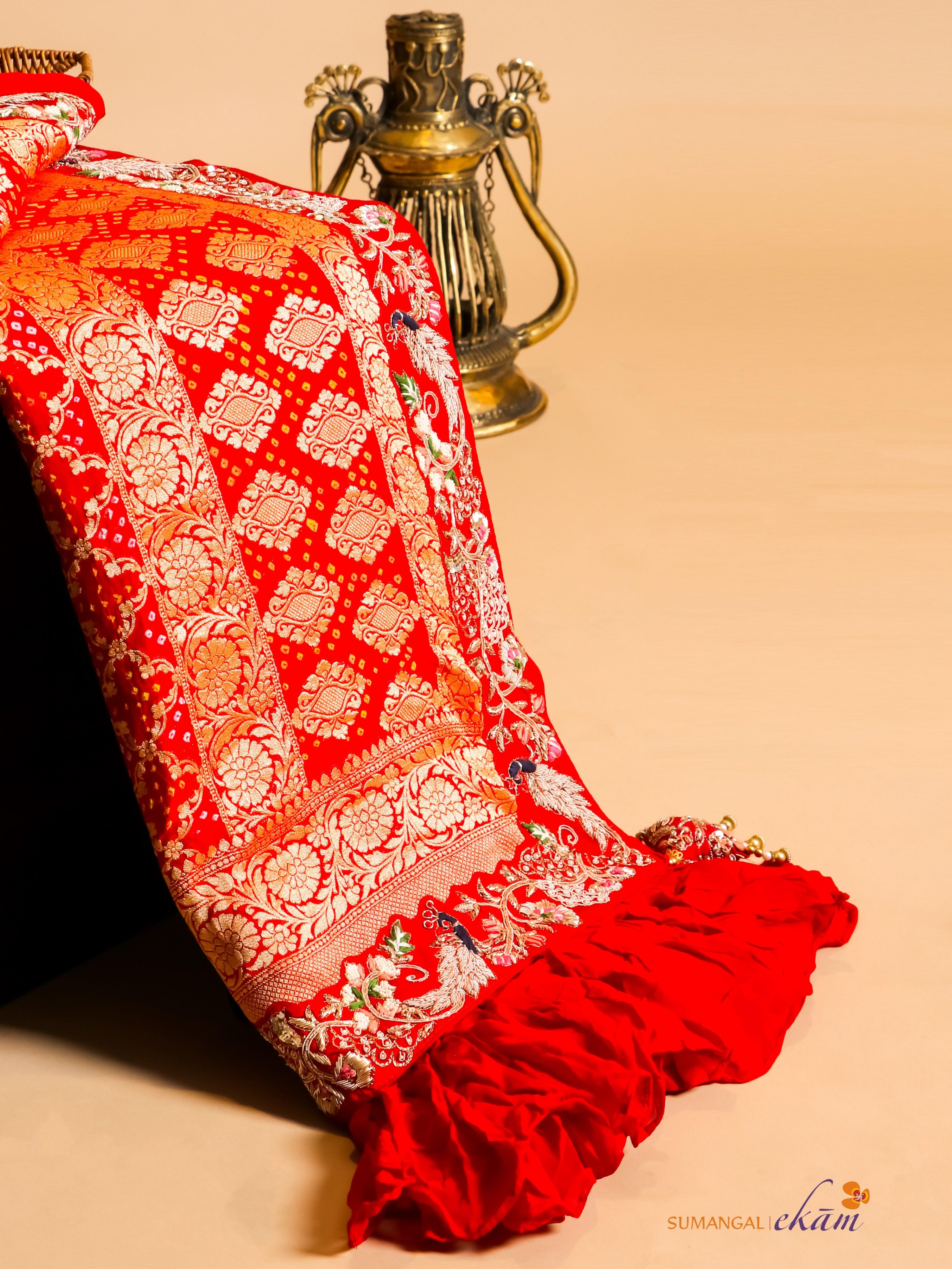 Handwoven Red Banarasi Khaddi Georgette Saree - Sumangal Ekam