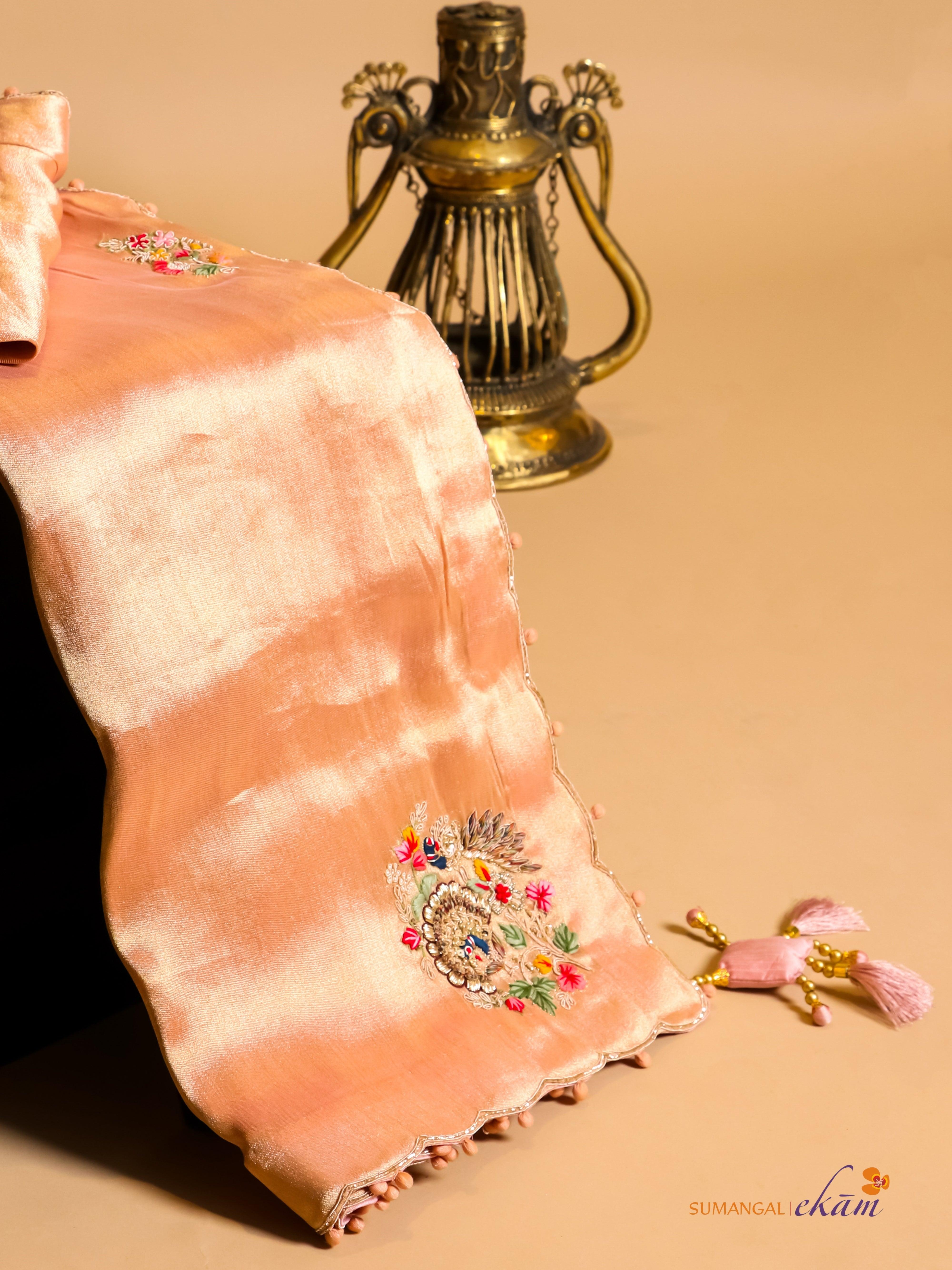 Designer Peach Katan Soft Silk Saree - Sumangal Ekam