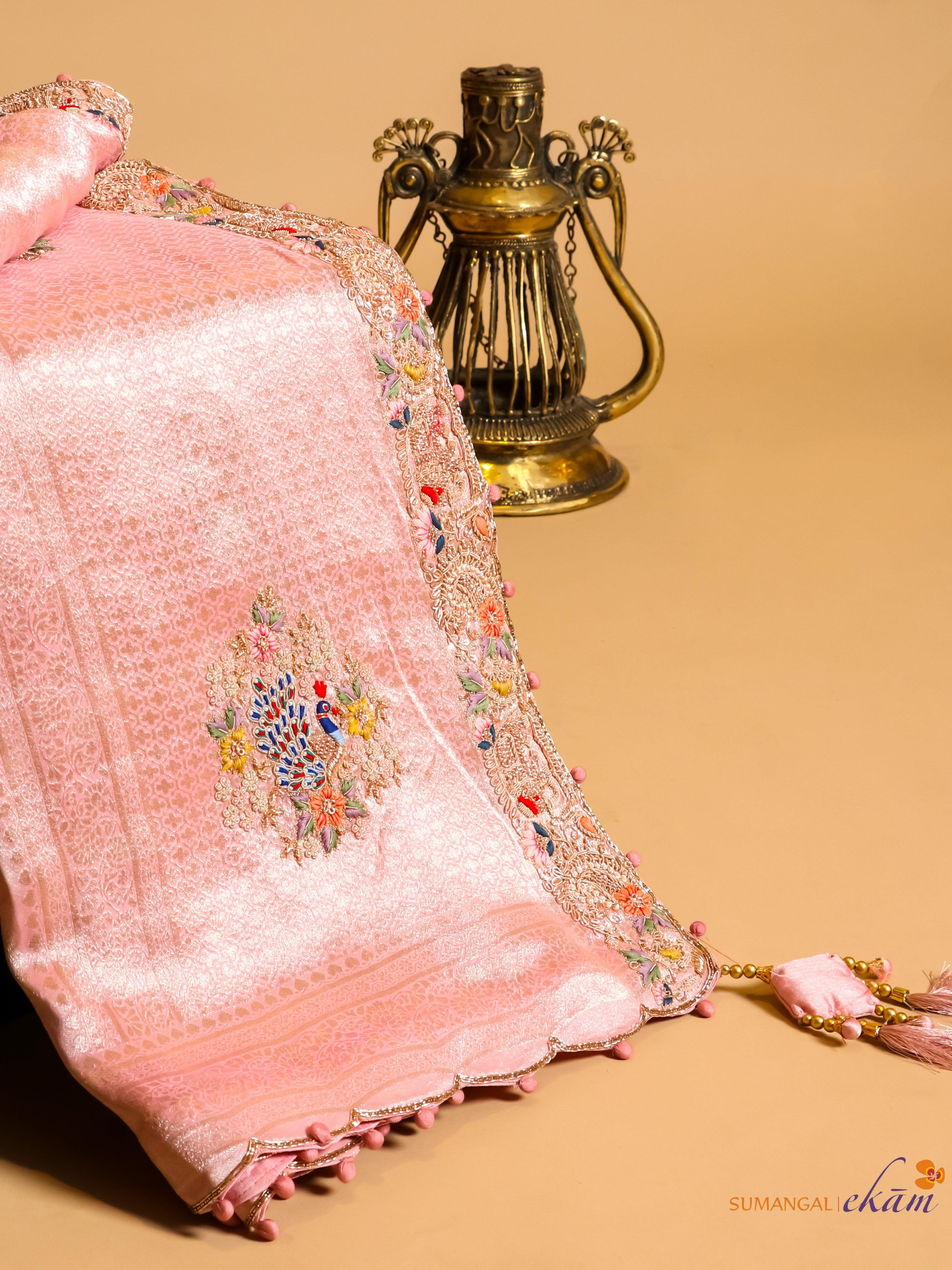 Designer Baby Pink Katan Soft Silk Saree - Sumangal Ekam