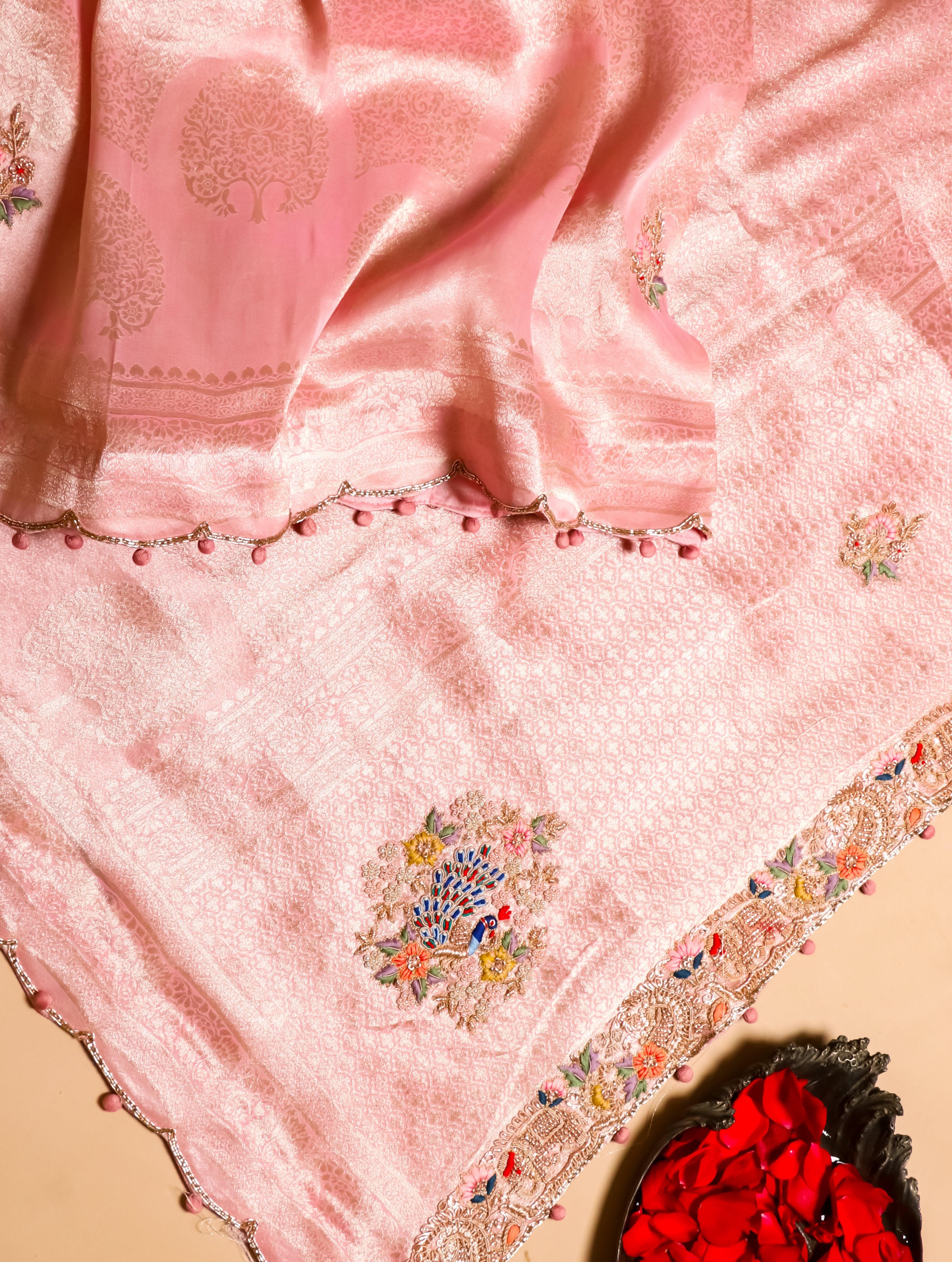 Designer Baby Pink Katan Soft Silk Saree - Sumangal Ekam