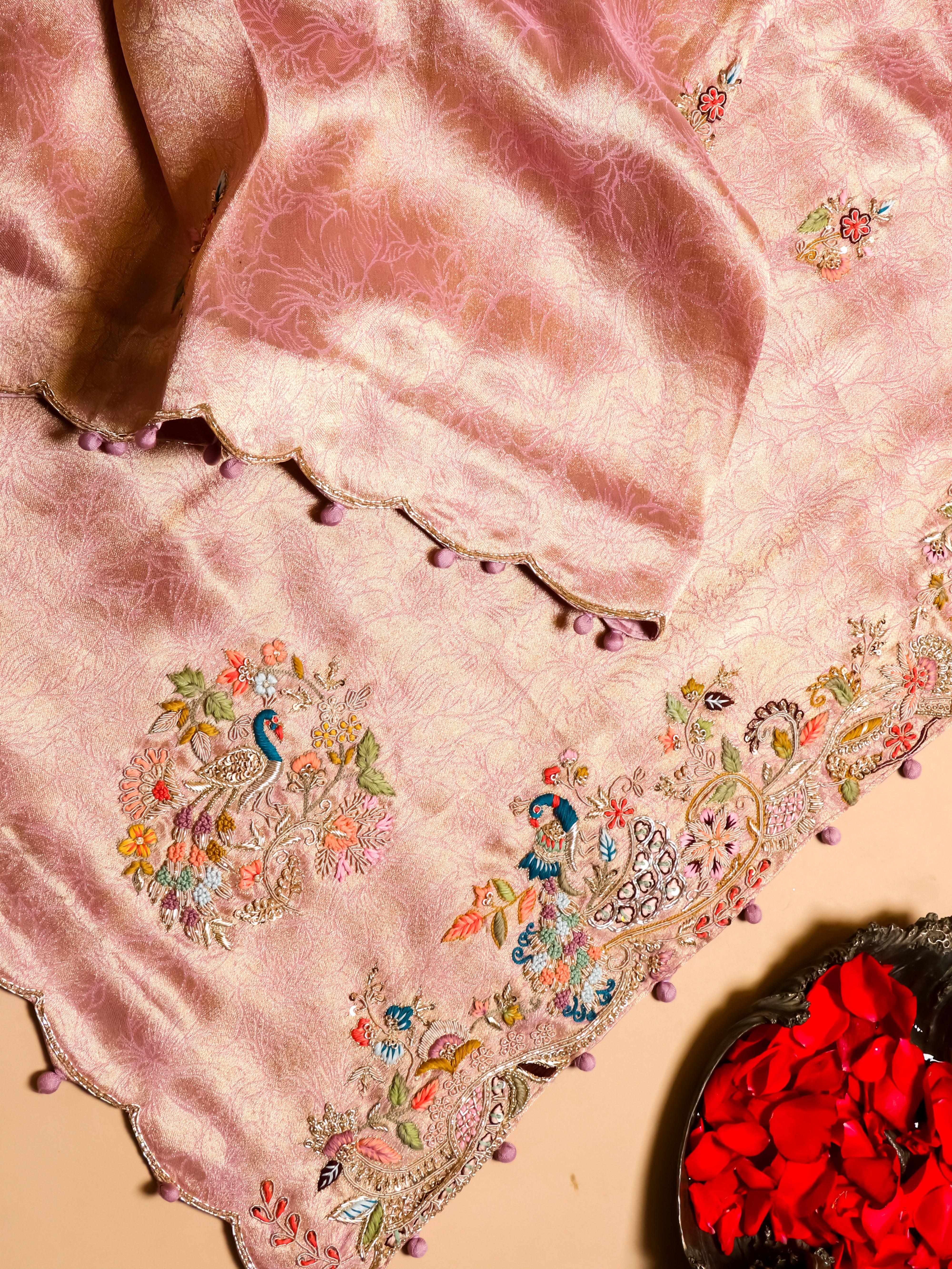 Designer Baby Pink Katan Soft Silk Saree - Sumangal Ekam