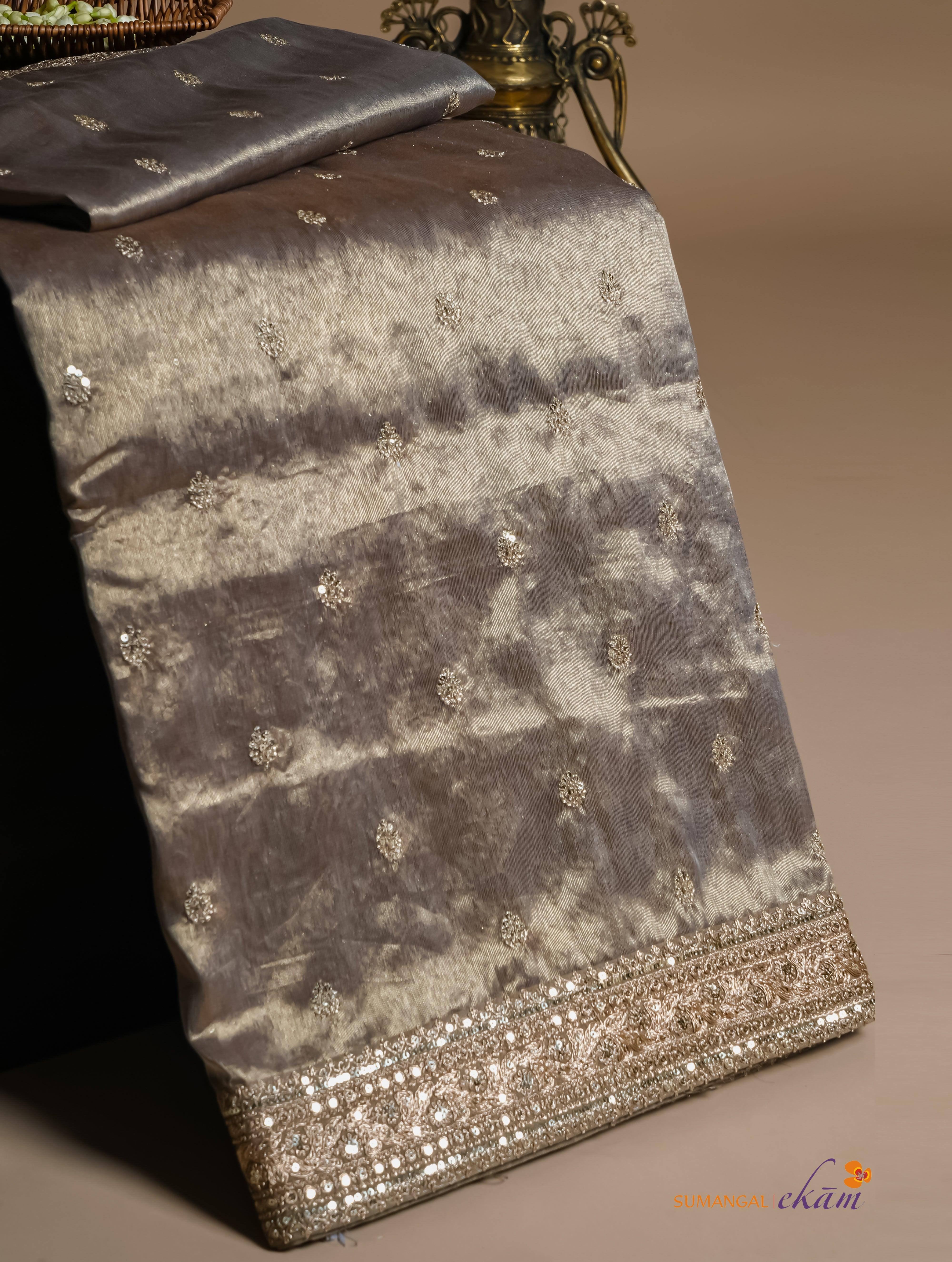 Designer Copper Brown Tissue Silk Saree - Sumangal Ekam