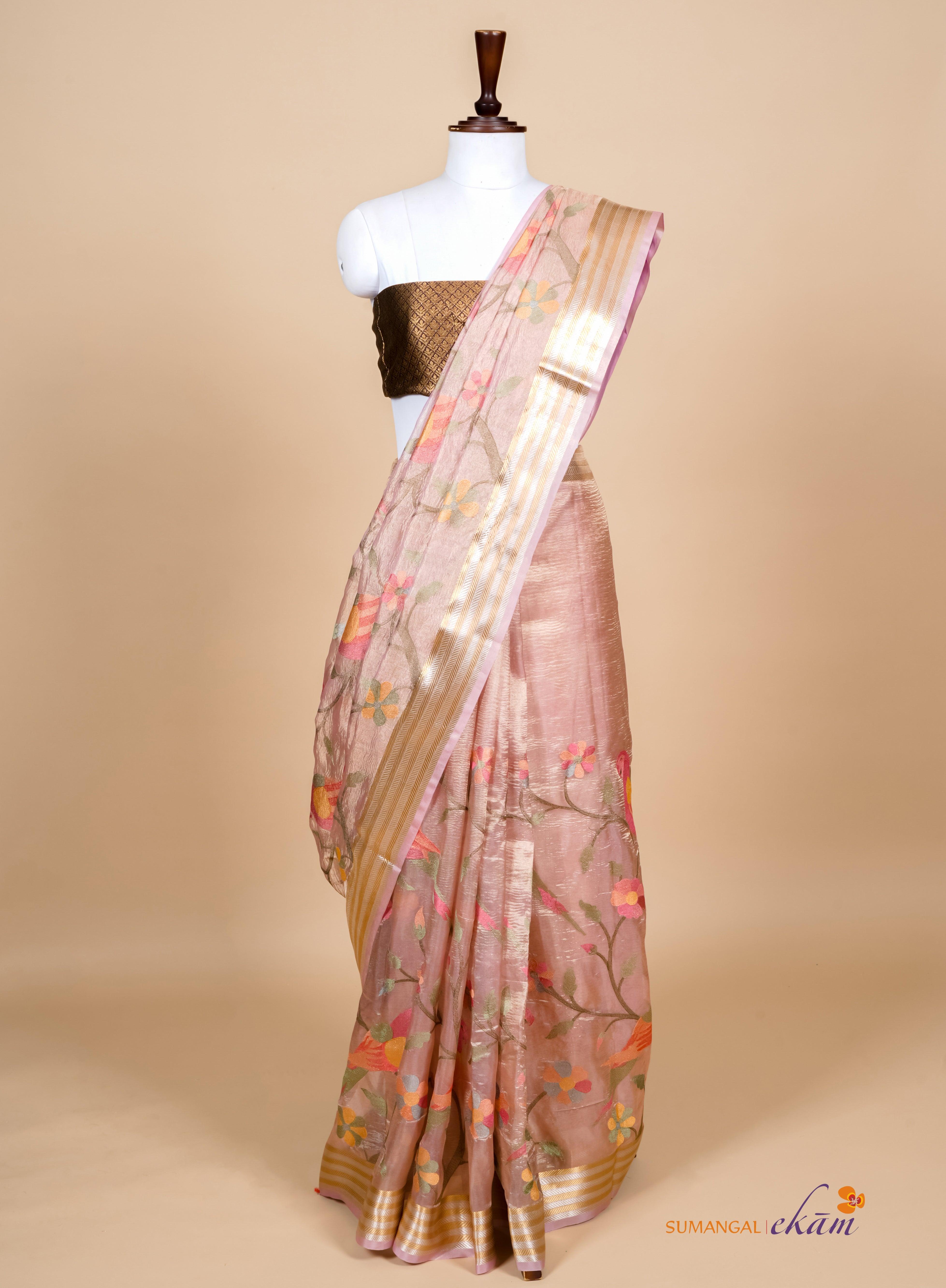 Handwoven Peach Banarasi Tissue Silk Saree - Sumangal Ekam