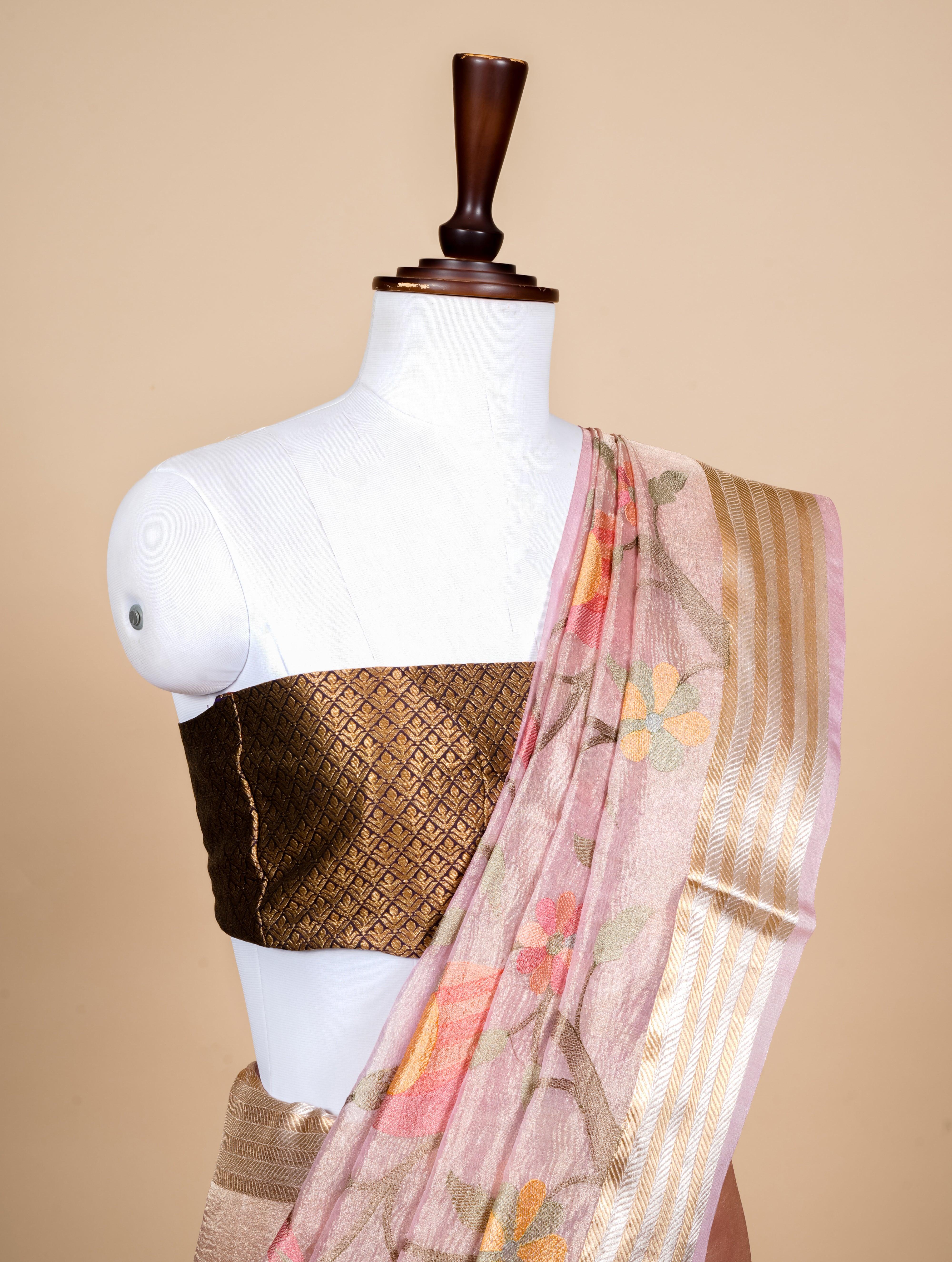 Handwoven Peach Banarasi Tissue Silk Saree - Sumangal Ekam