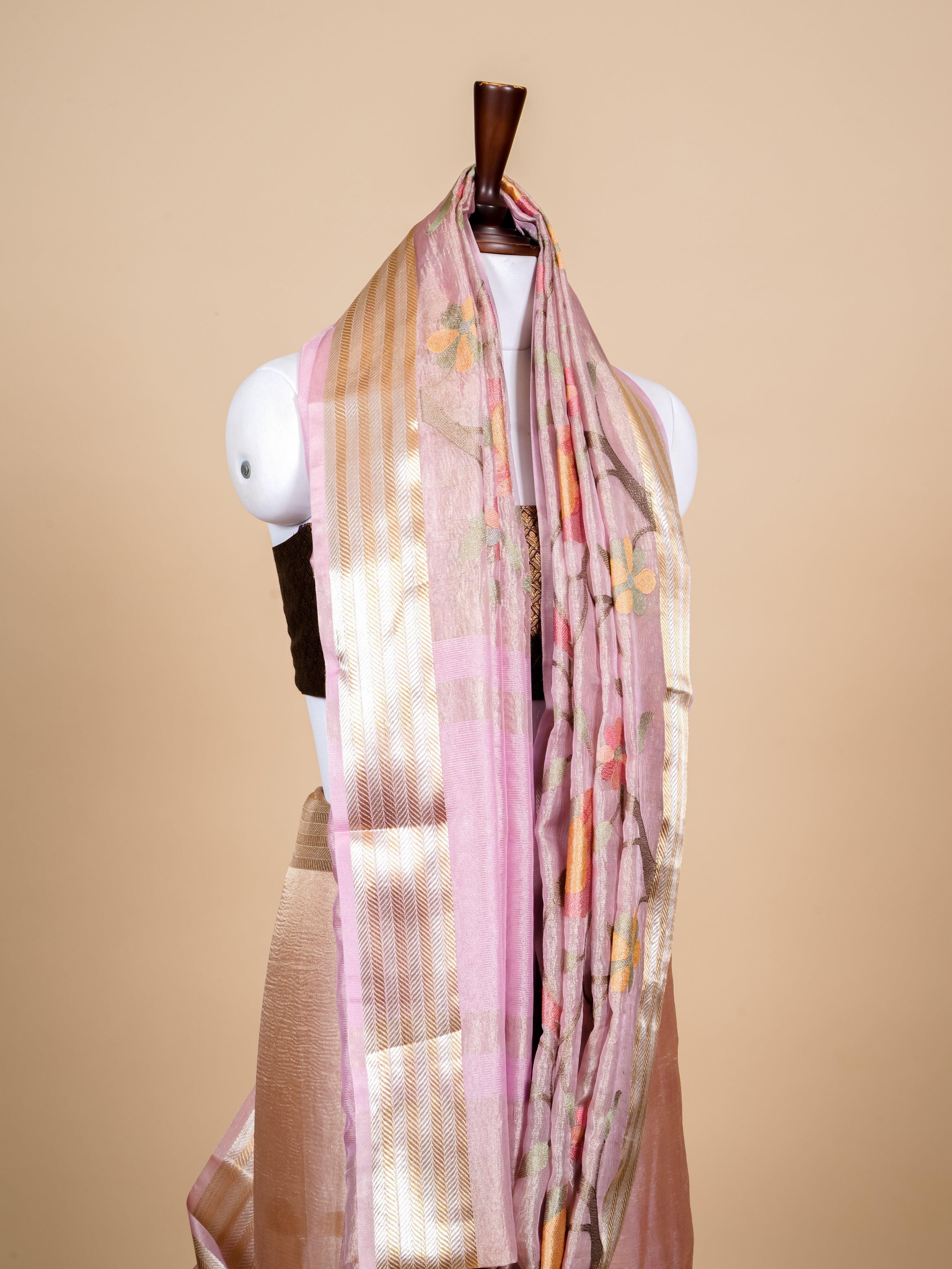 Handwoven Peach Banarasi Tissue Silk Saree - Sumangal Ekam