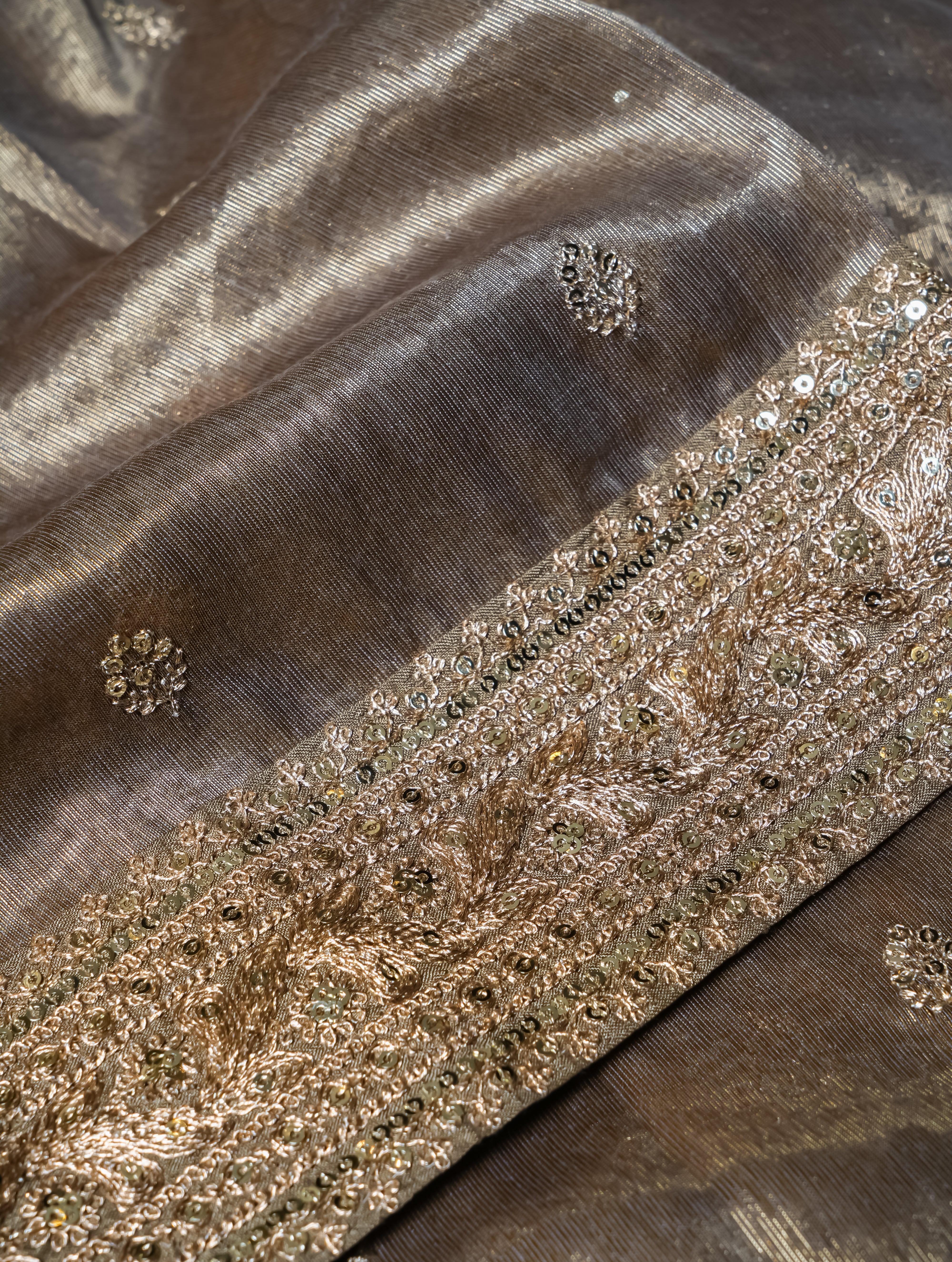 Designer Copper Brown Tissue Silk Saree - Sumangal Ekam