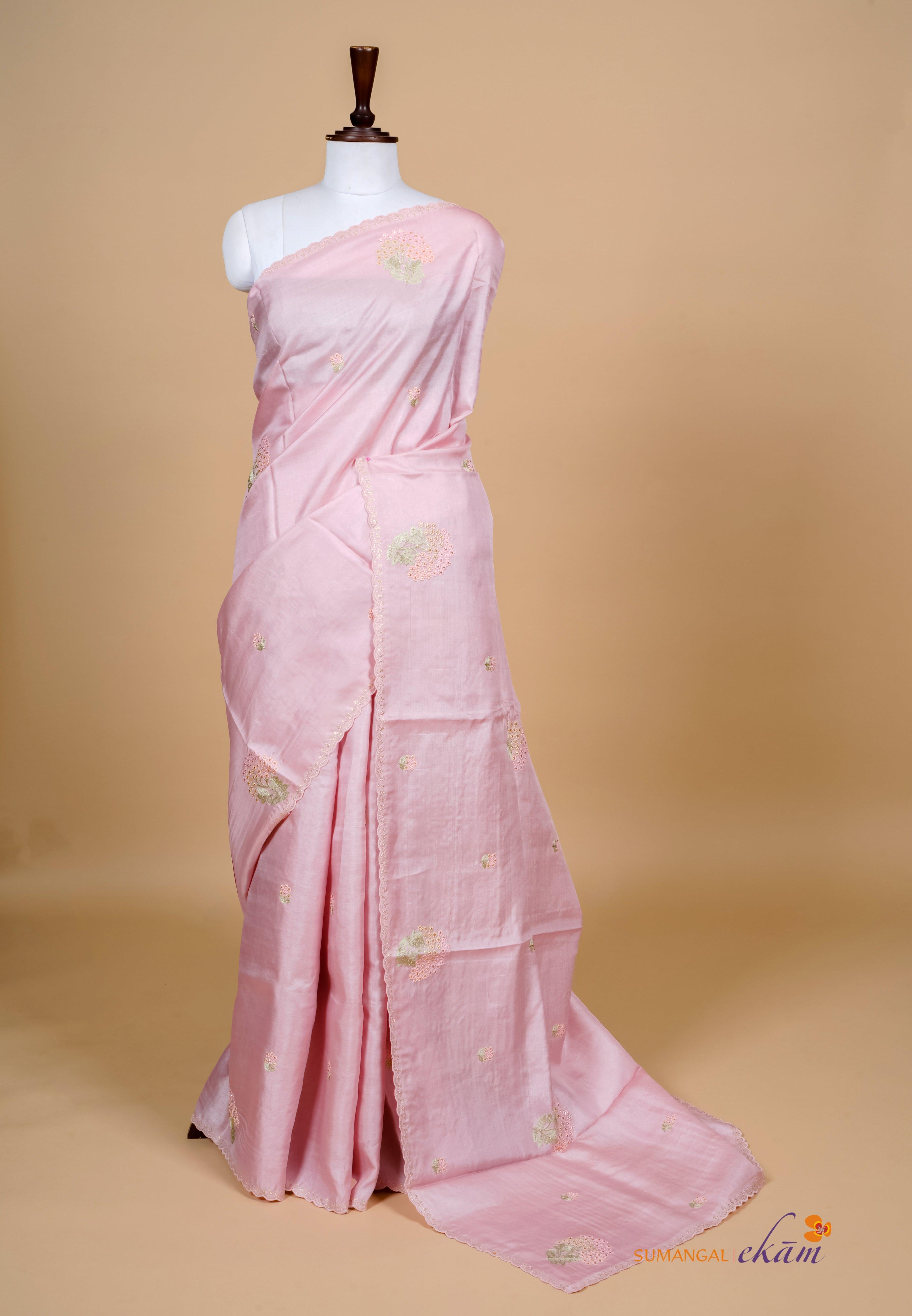 Handwoven Baby Pink Banarasi Tussar Silk Saree - Sumangal Ekam
