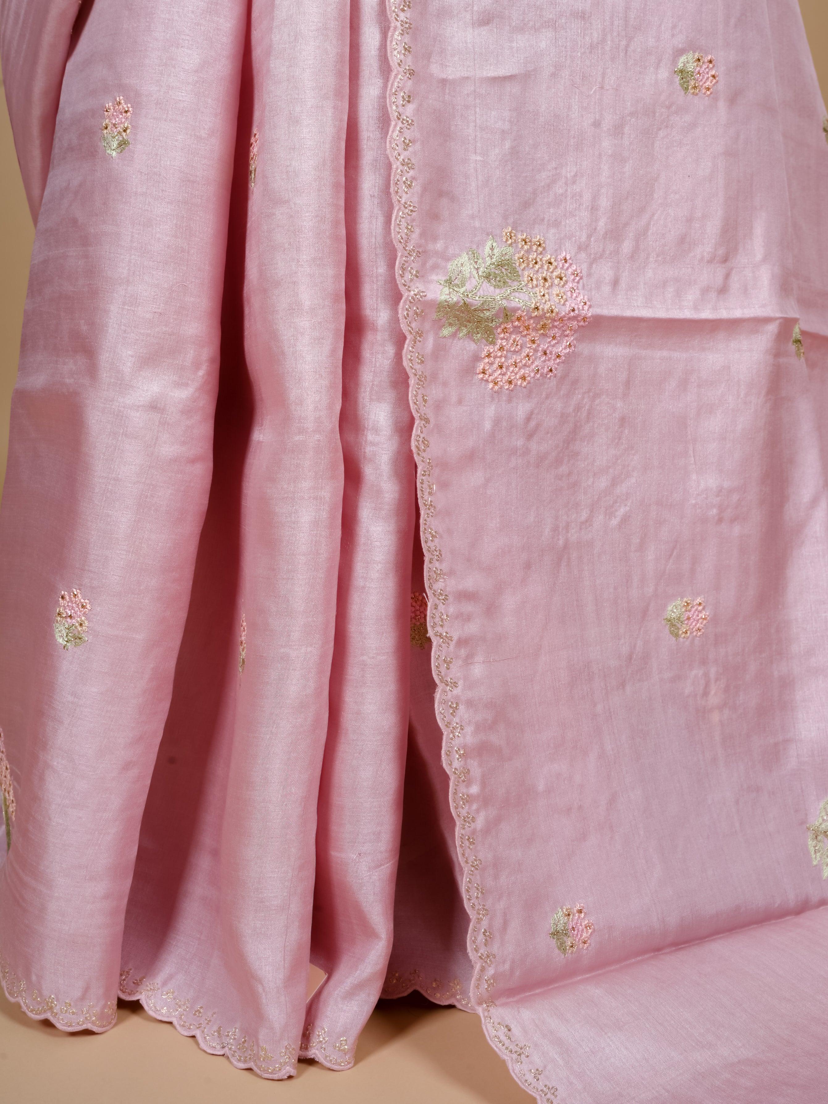 Handwoven Baby Pink Banarasi Tussar Silk Saree - Sumangal Ekam