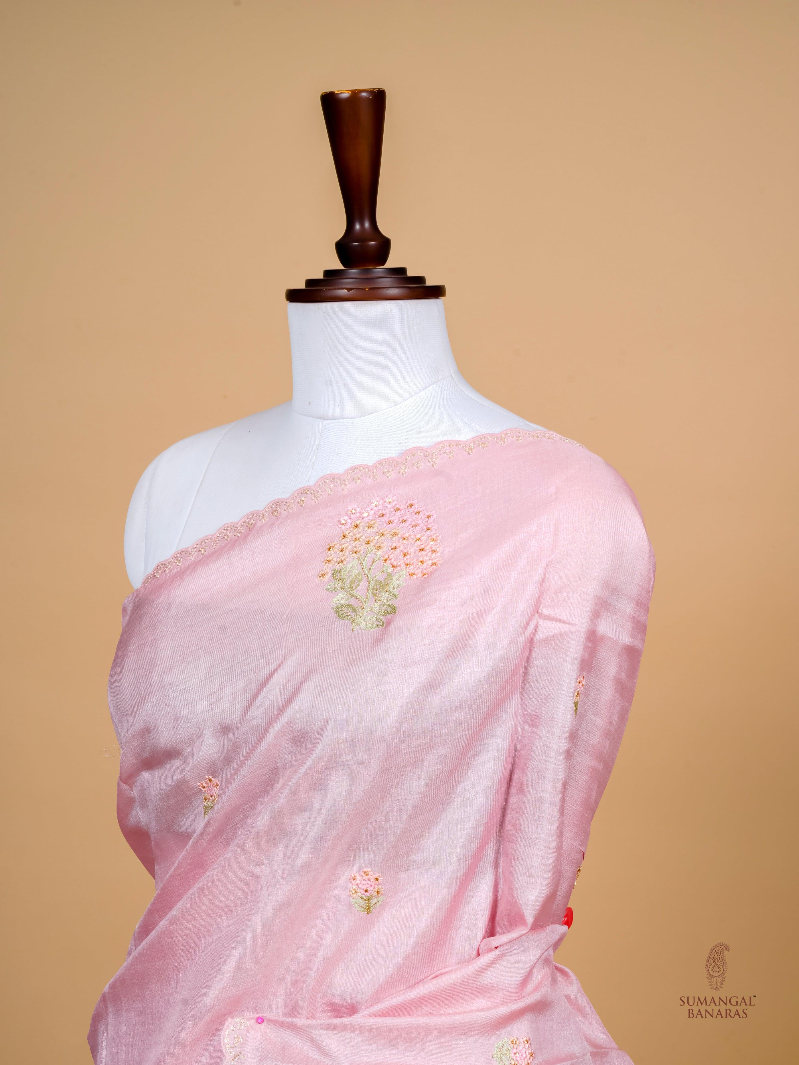 Handwoven Baby Pink Banarasi Tussar Silk Saree - Sumangal Ekam