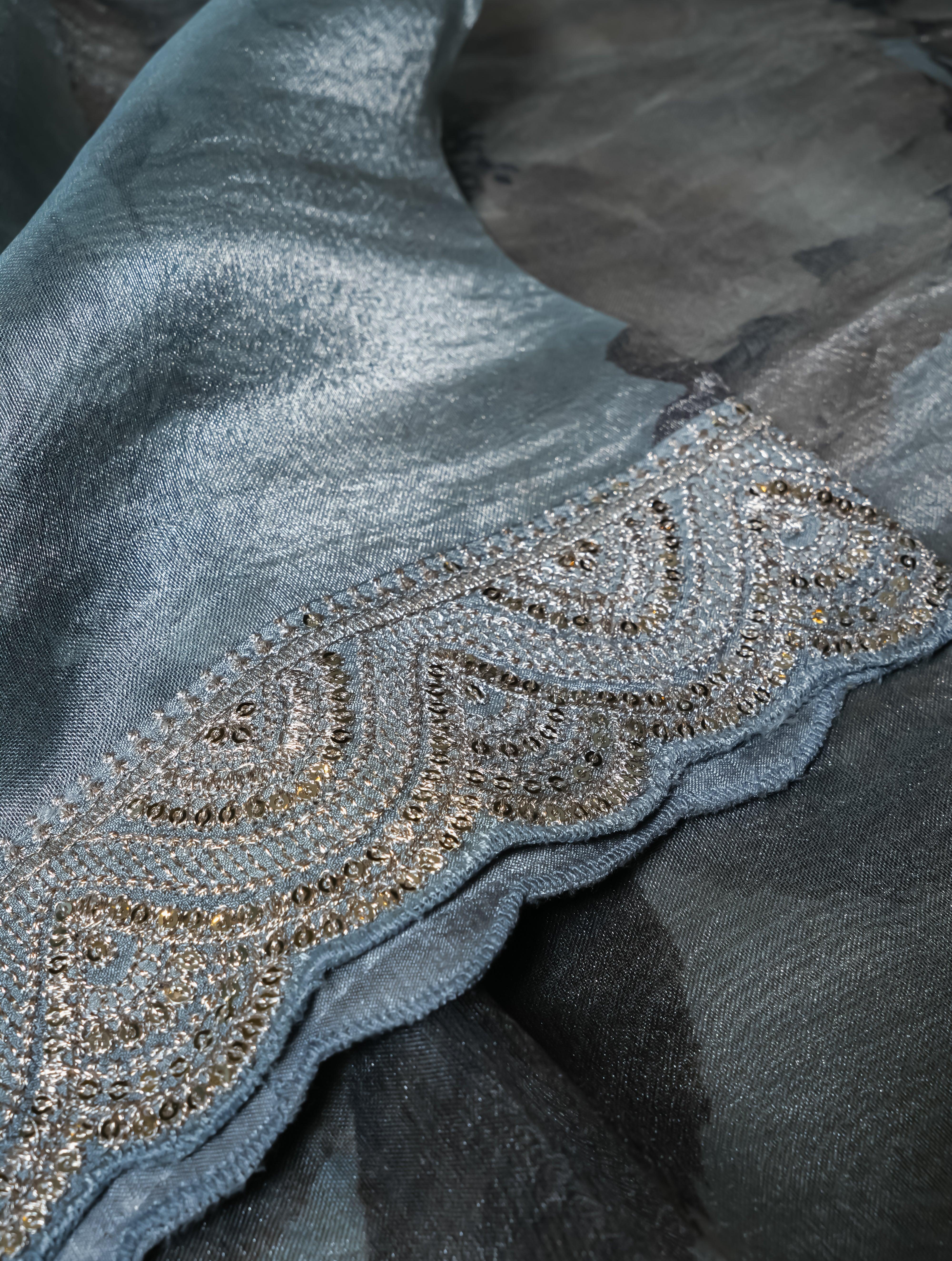 Designer Powder Blue Organza Tissue Silk Saree - Sumangal Ekam