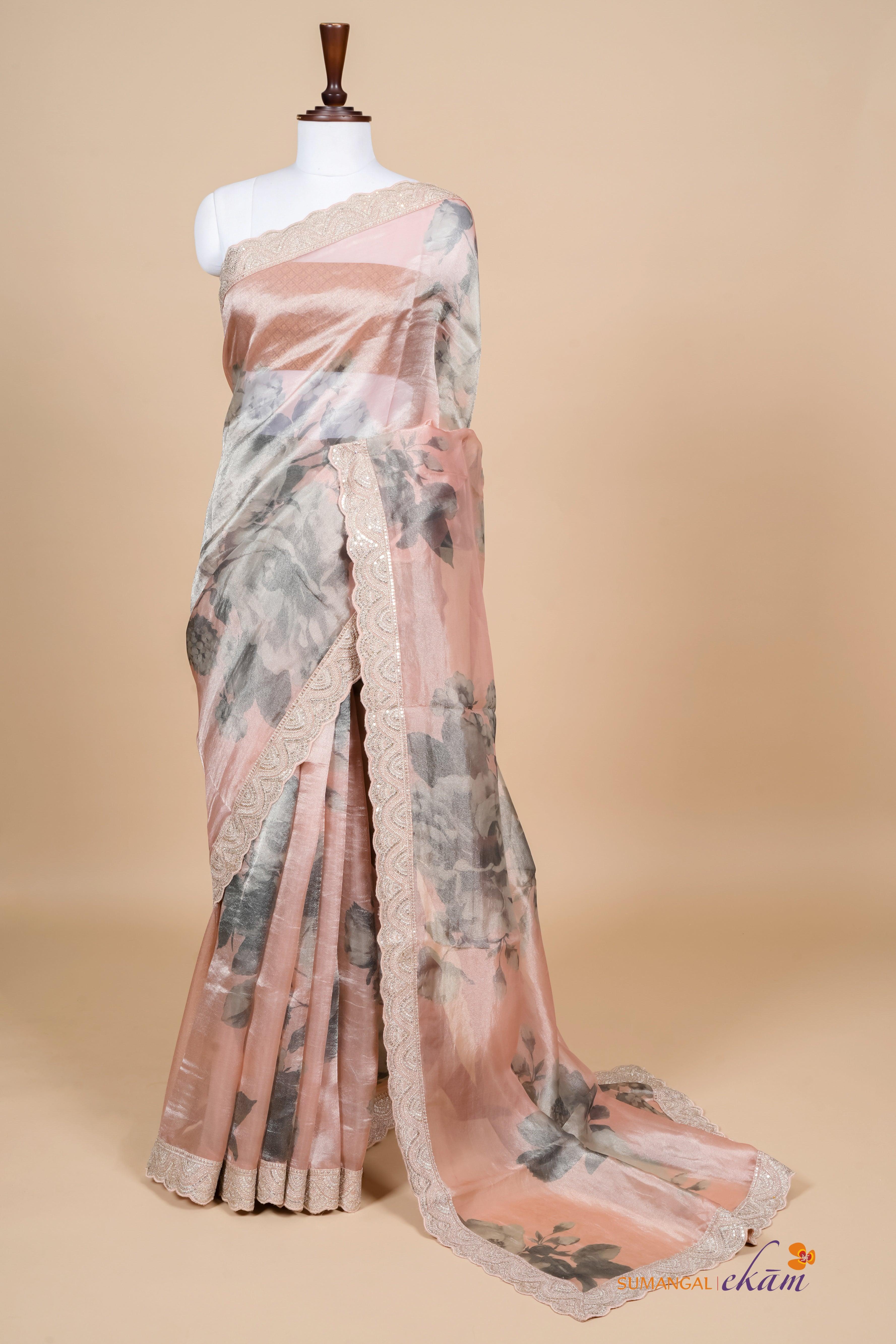 Handwoven Peach Banarasi Tissue Silk Saree - Sumangal Ekam