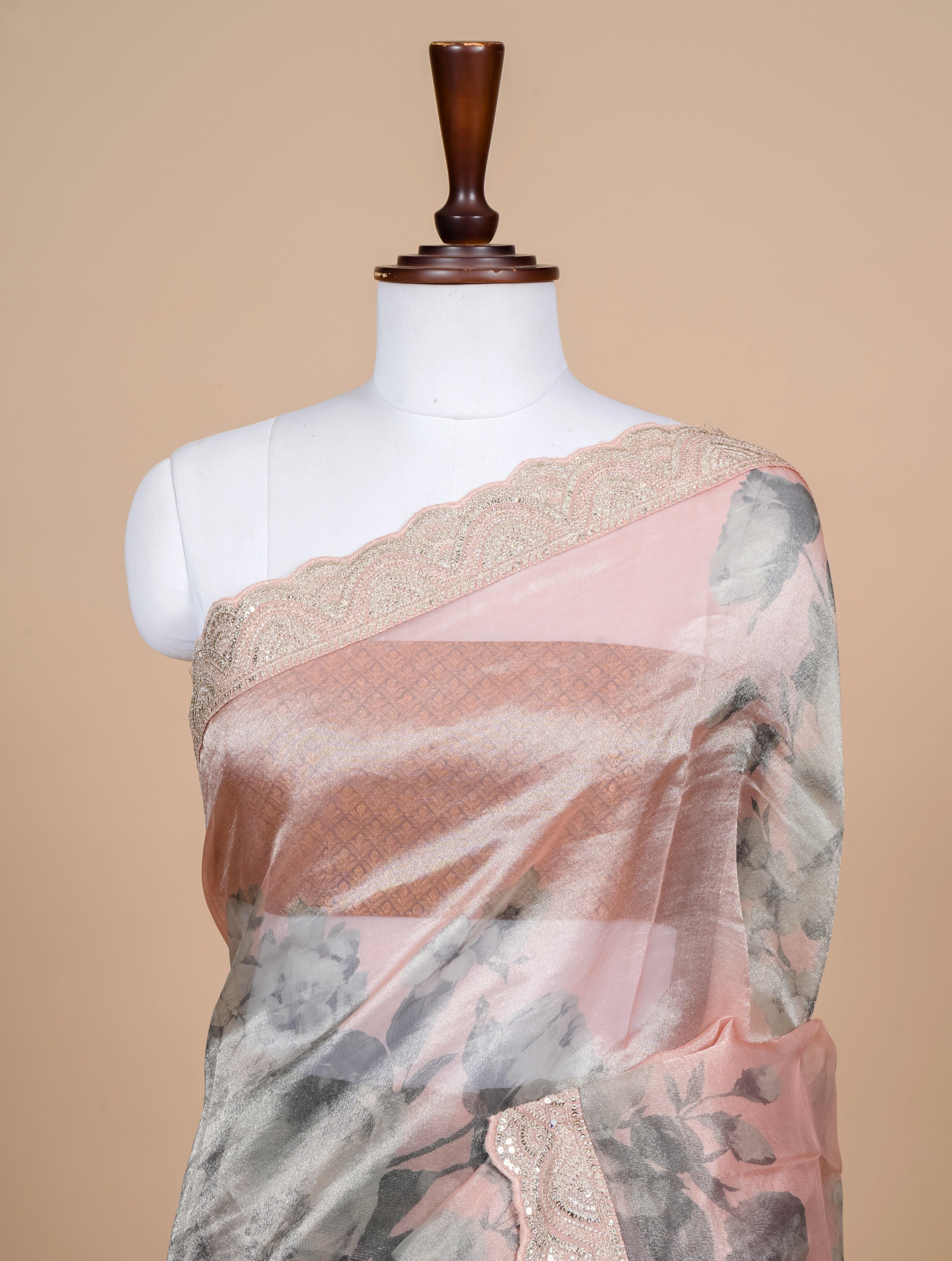 Handwoven Peach Banarasi Tissue Silk Saree - Sumangal Ekam