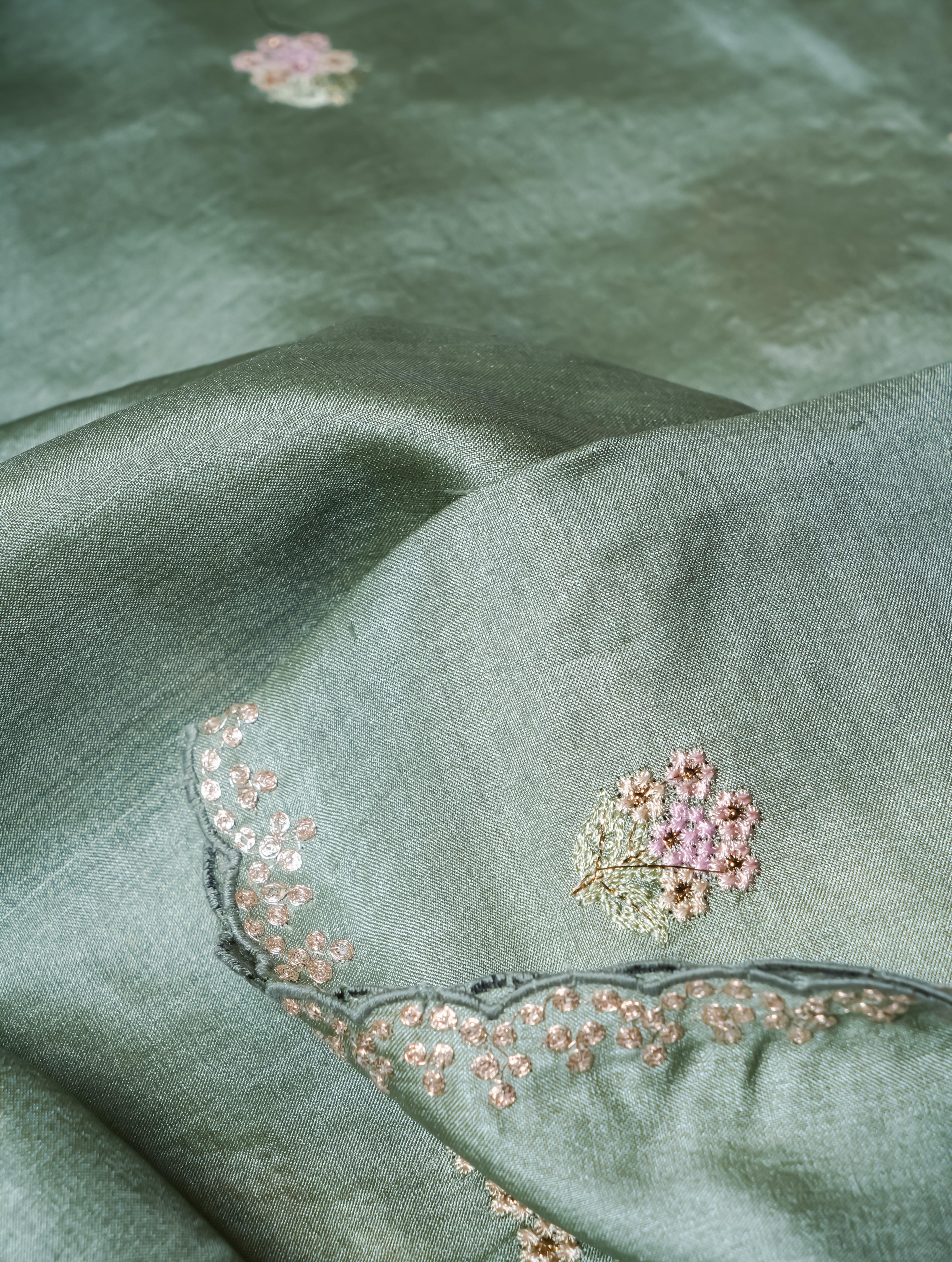 Designer Pastel Green Organza Katan Silk Saree - Sumangal Ekam