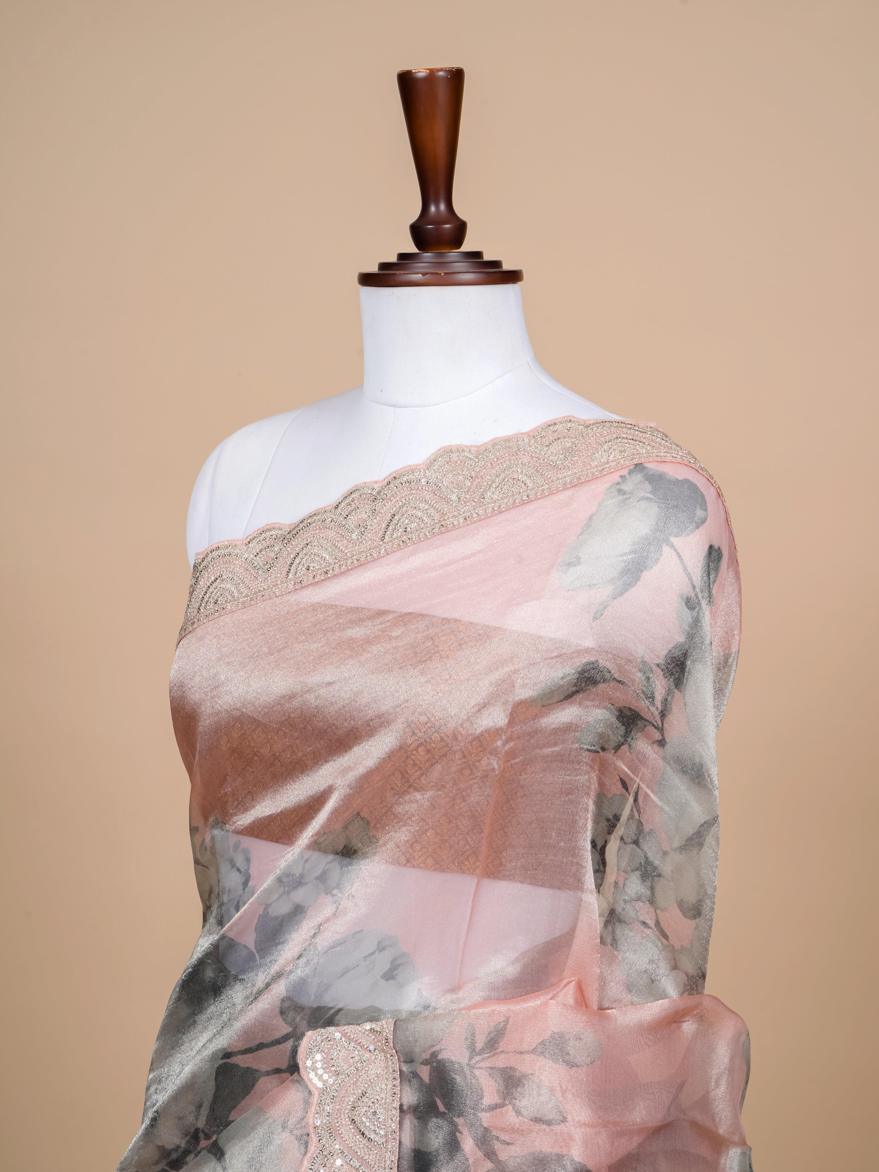 Handwoven Peach Banarasi Tissue Silk Saree - Sumangal Ekam