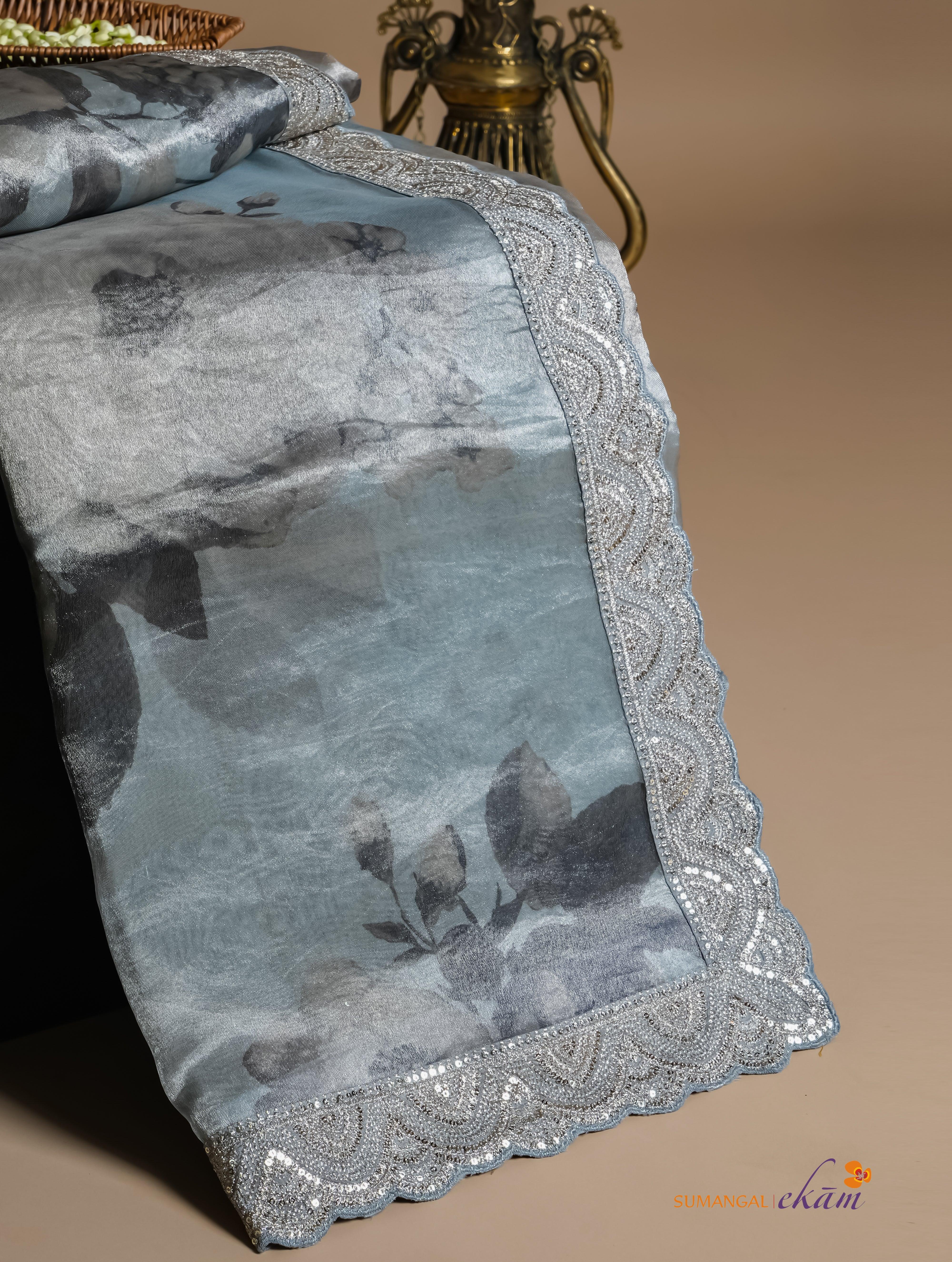 Designer Powder Blue Organza Tissue Silk Saree - Sumangal Ekam