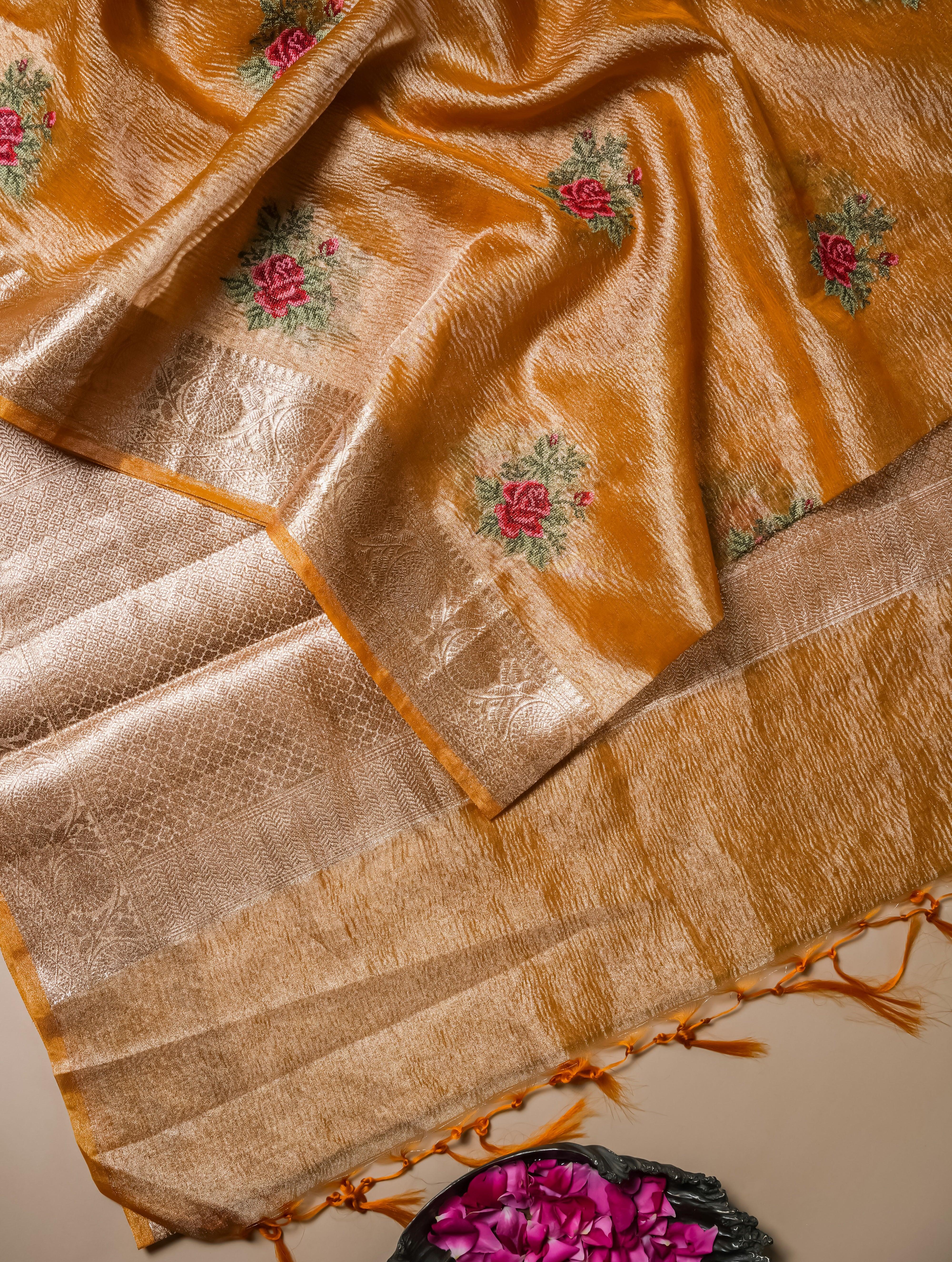 Designer Golden Crush Tissue Silk Saree - Sumangal Ekam