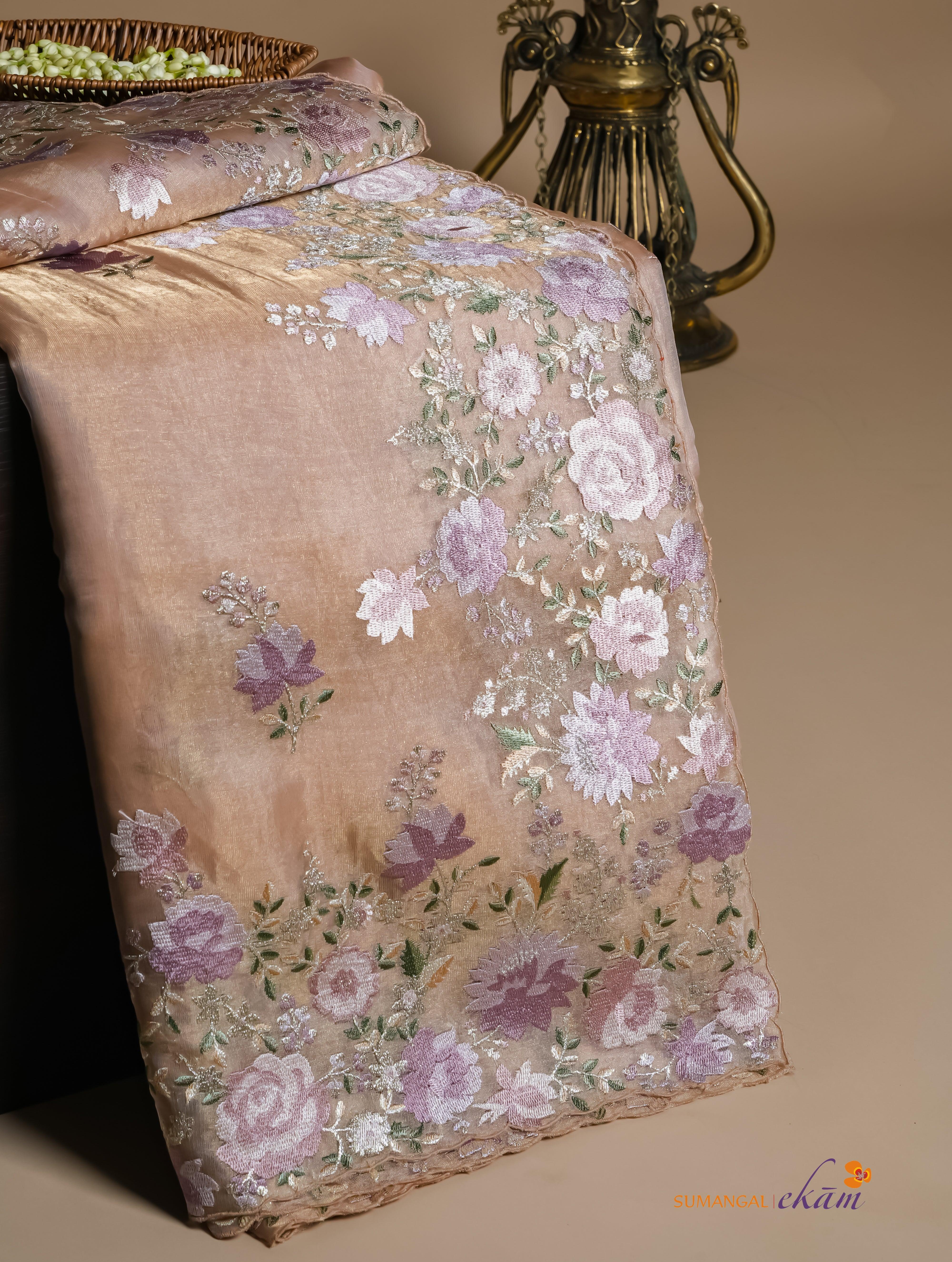 Designer Peach Organza Tissue Silk Saree - Sumangal Ekam