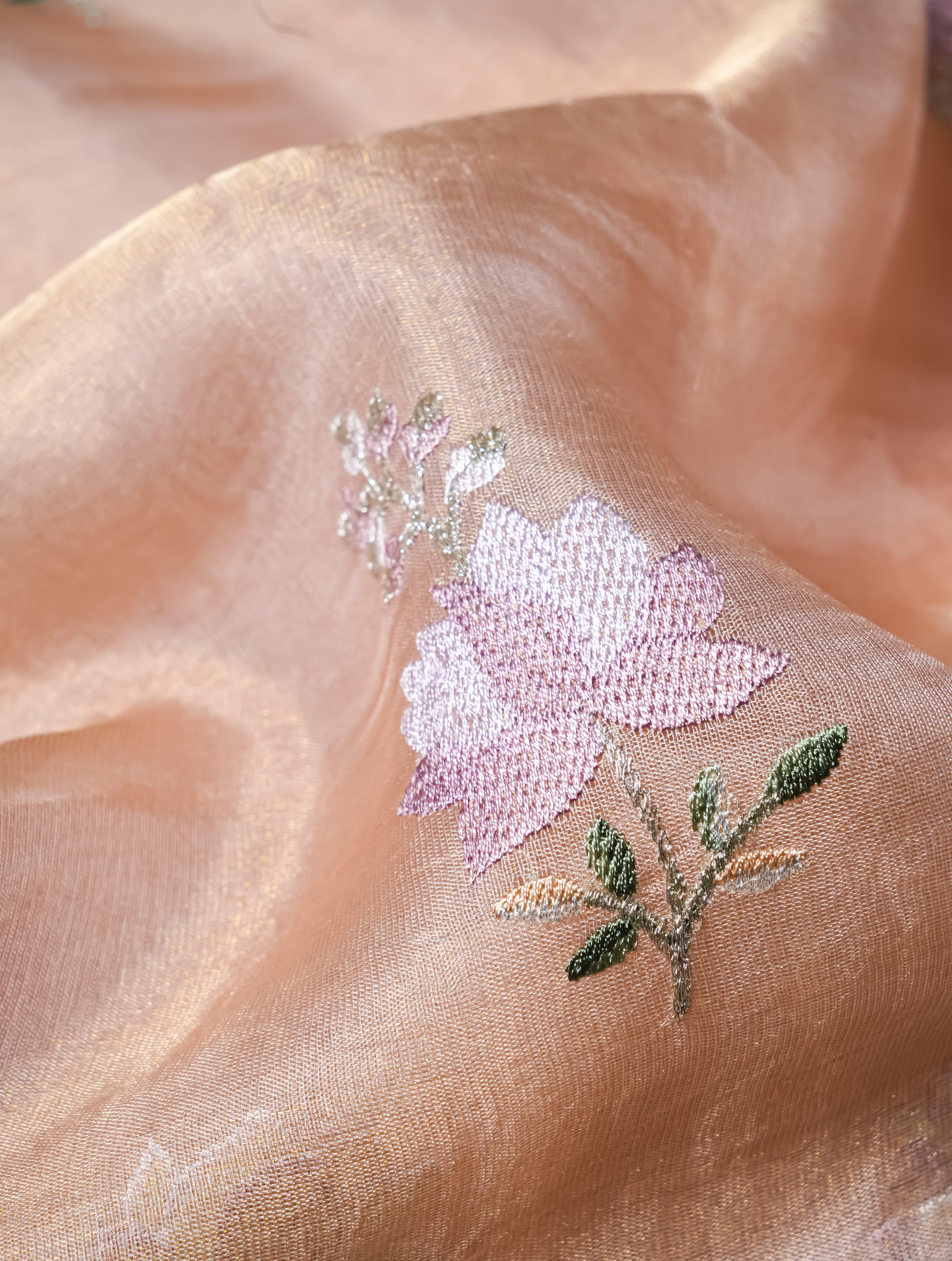 Designer Peach Organza Tissue Silk Saree - Sumangal Ekam