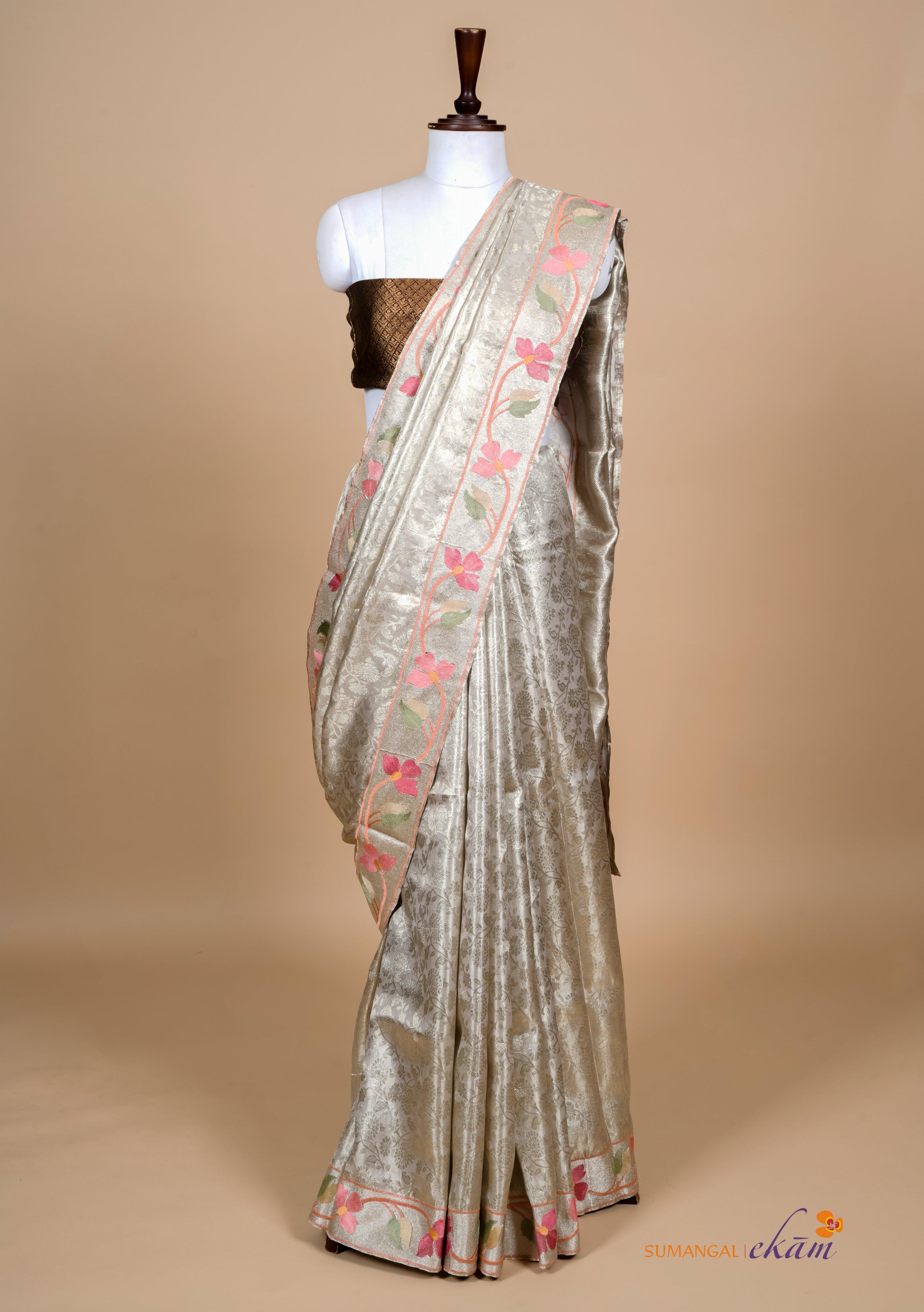 Handwoven Silver Banarasi Tissue Silk Saree - Sumangal Ekam