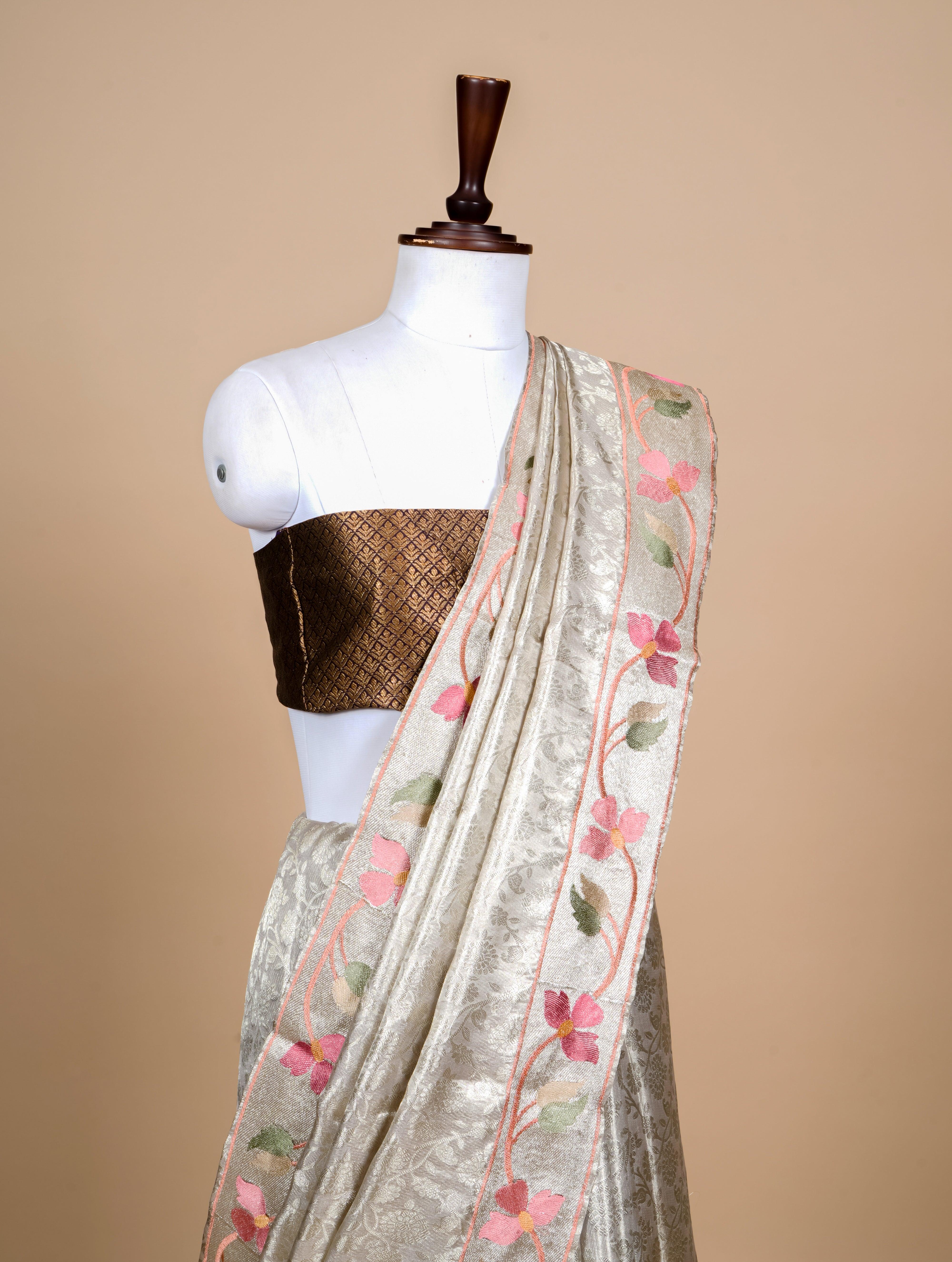 Handwoven Silver Banarasi Tissue Silk Saree - Sumangal Ekam