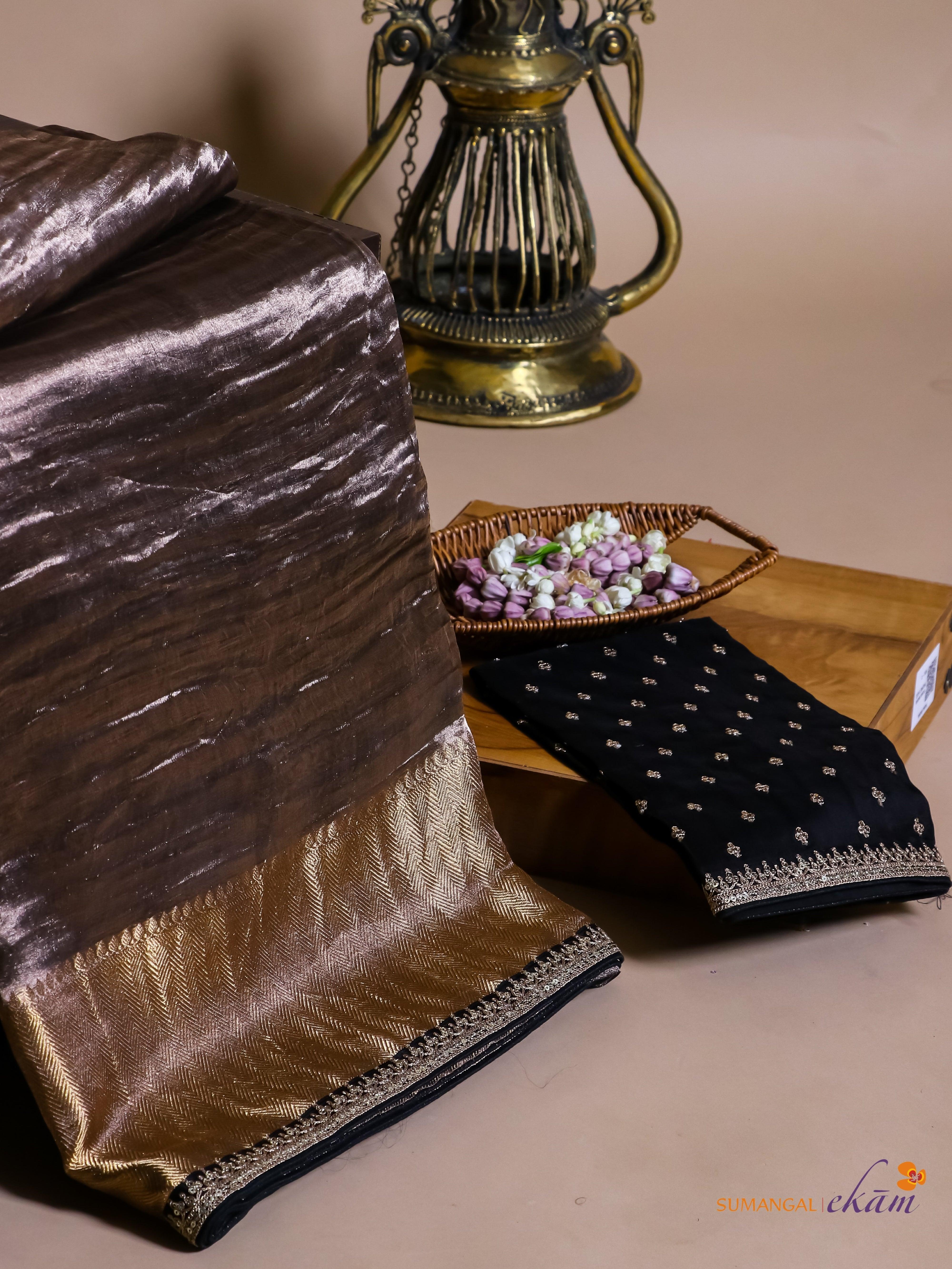 Designer Copper-Brown Crush Tissue Silk Saree - Sumangal Ekam