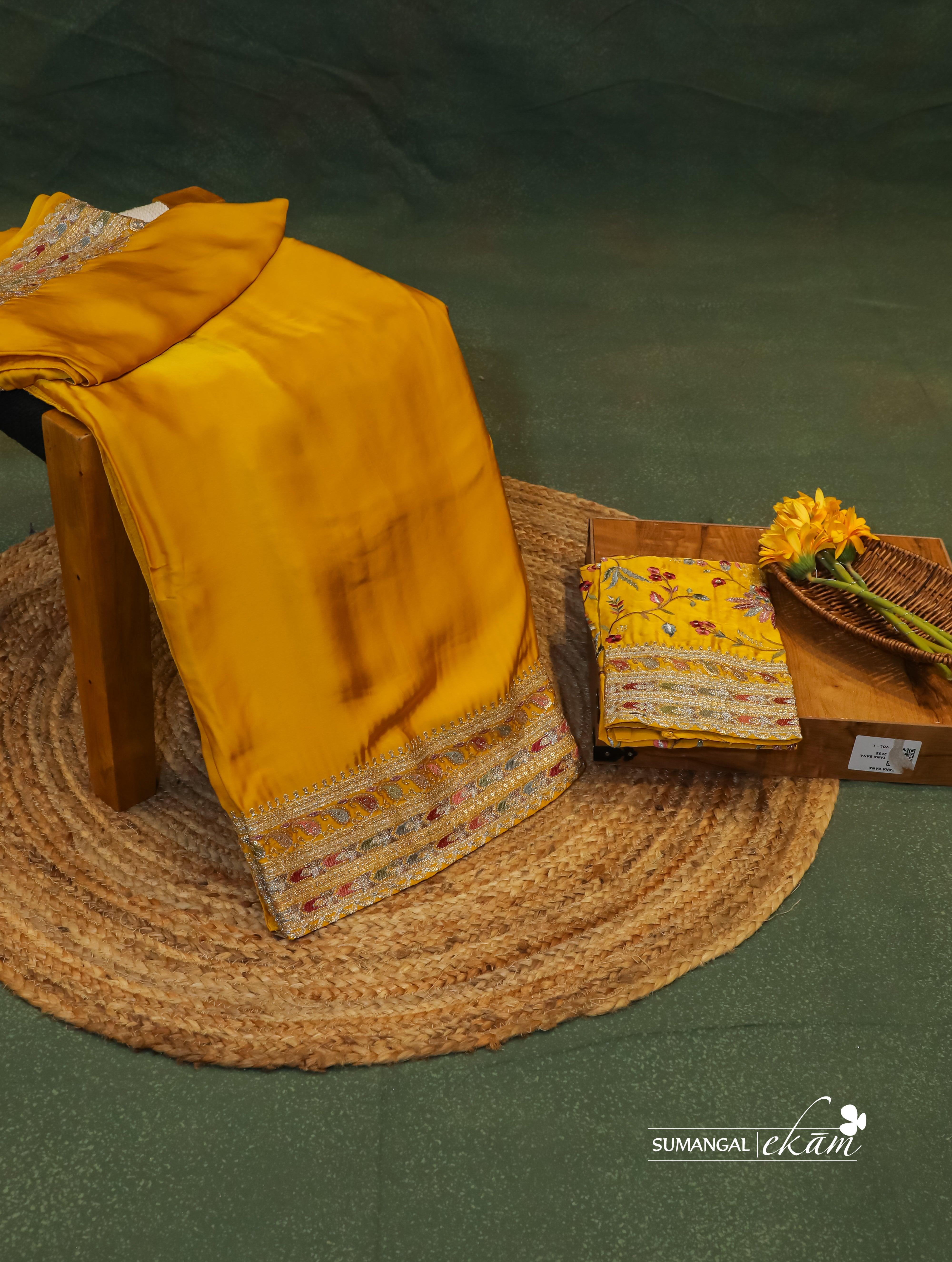 Designer Mustard Yellow Crepe Silk Saree