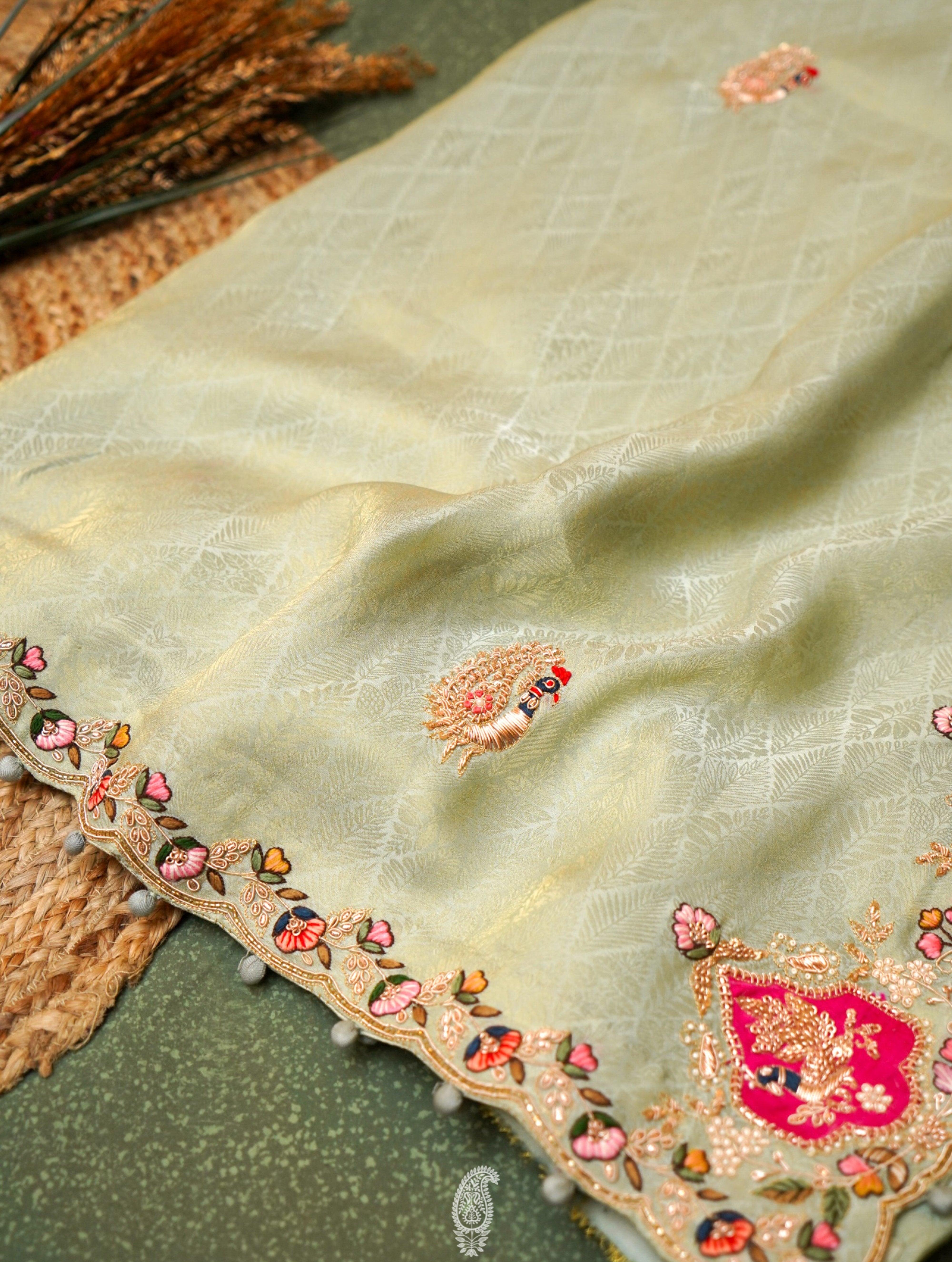  Designer Pastel Green Katan Silk Saree