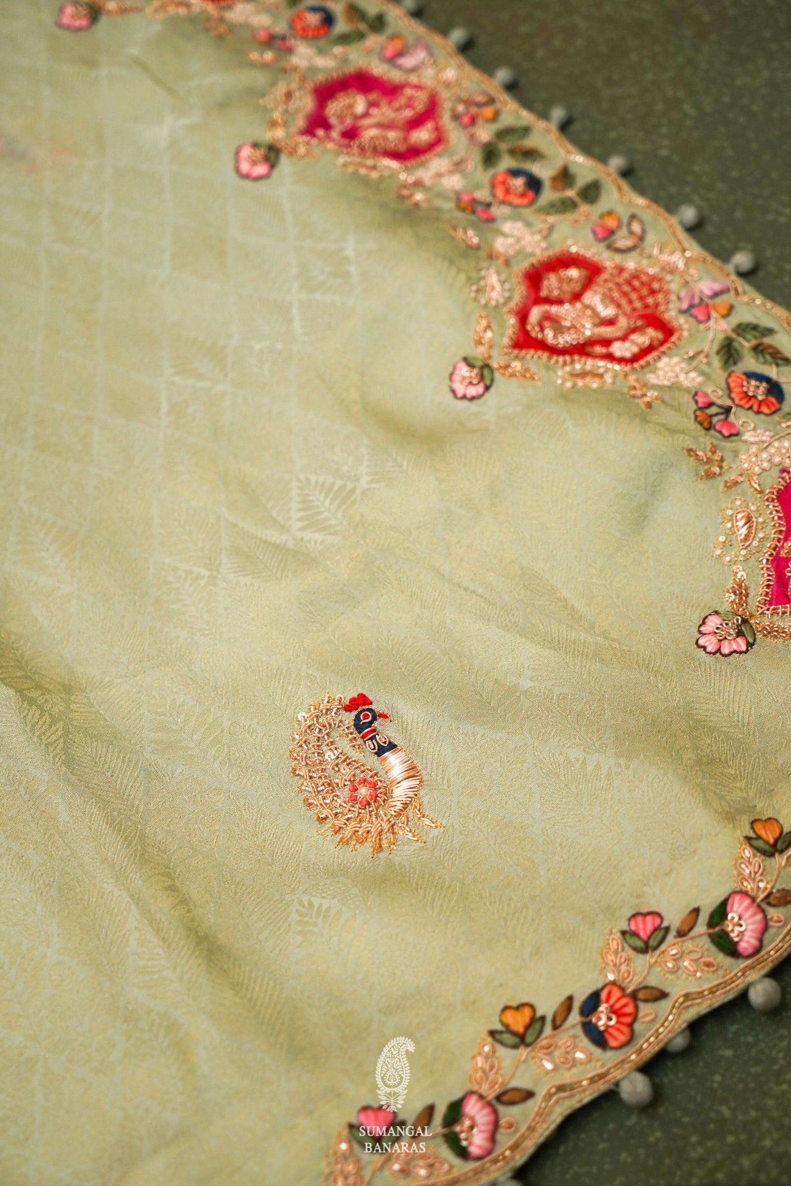  Designer Pastel Green Katan Silk Saree