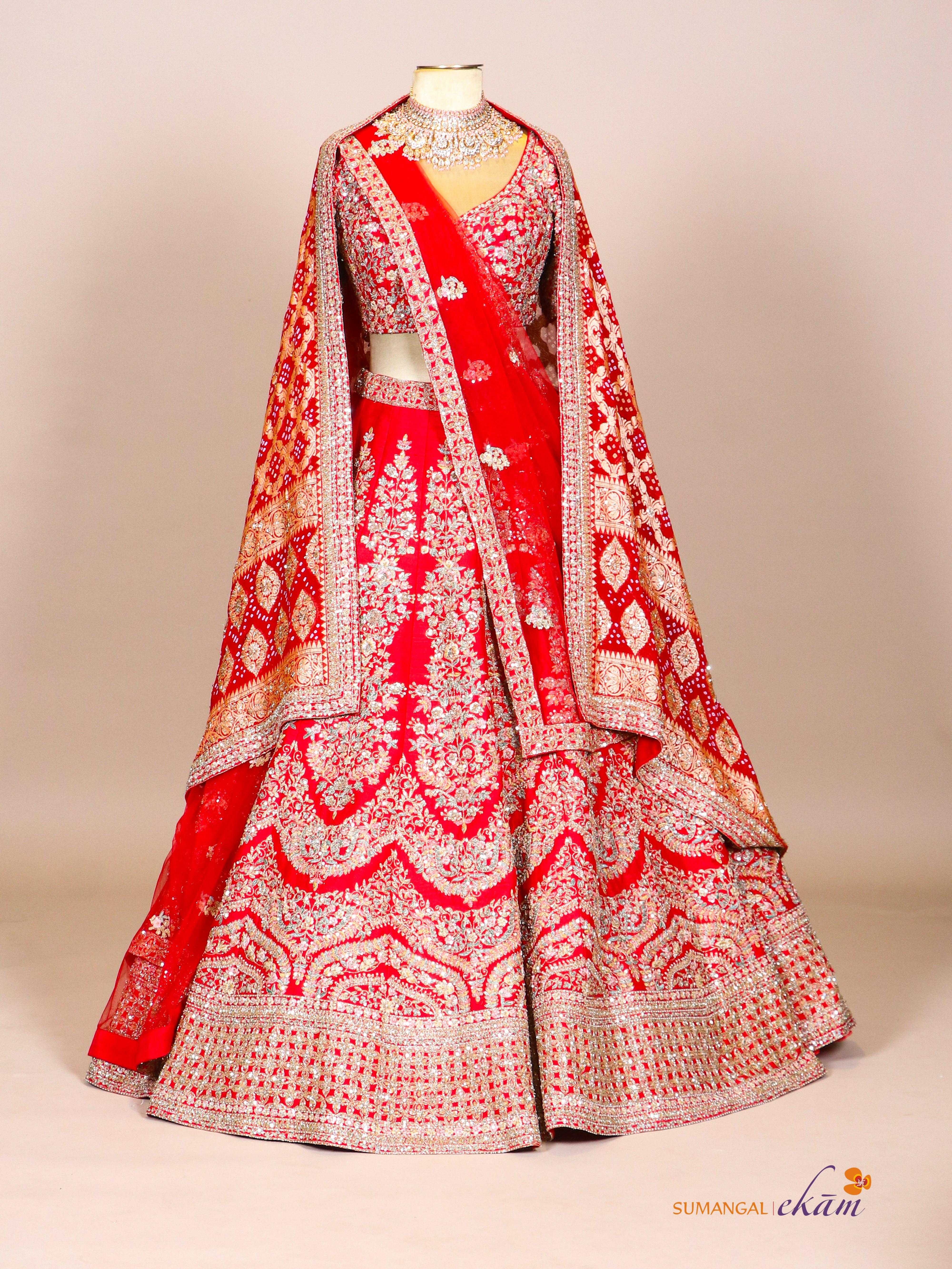 Designer Red Raw Silk Bridal Lehenga - Sumangal Ekam