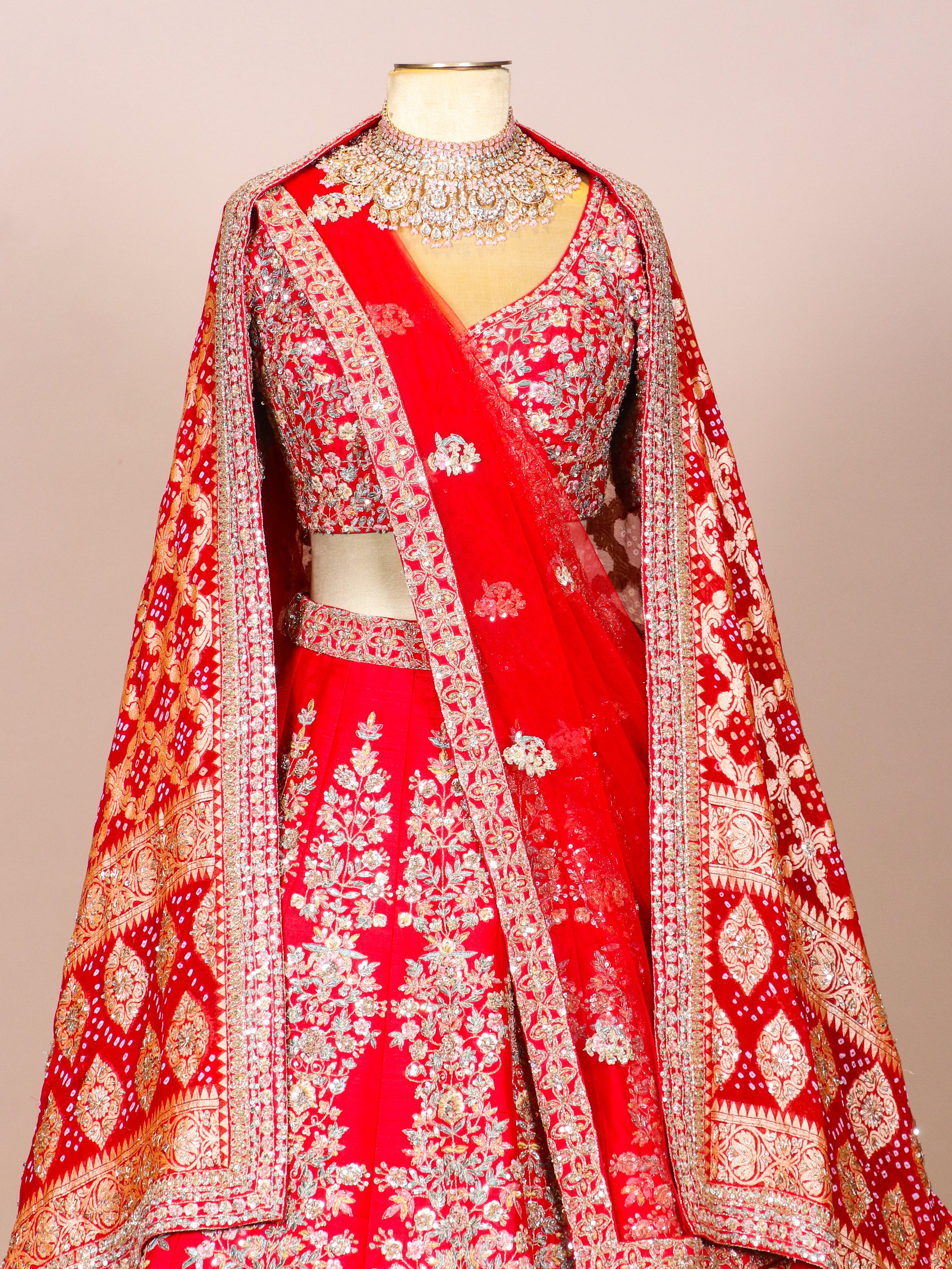 Designer Red Raw Silk Bridal Lehenga - Sumangal Ekam