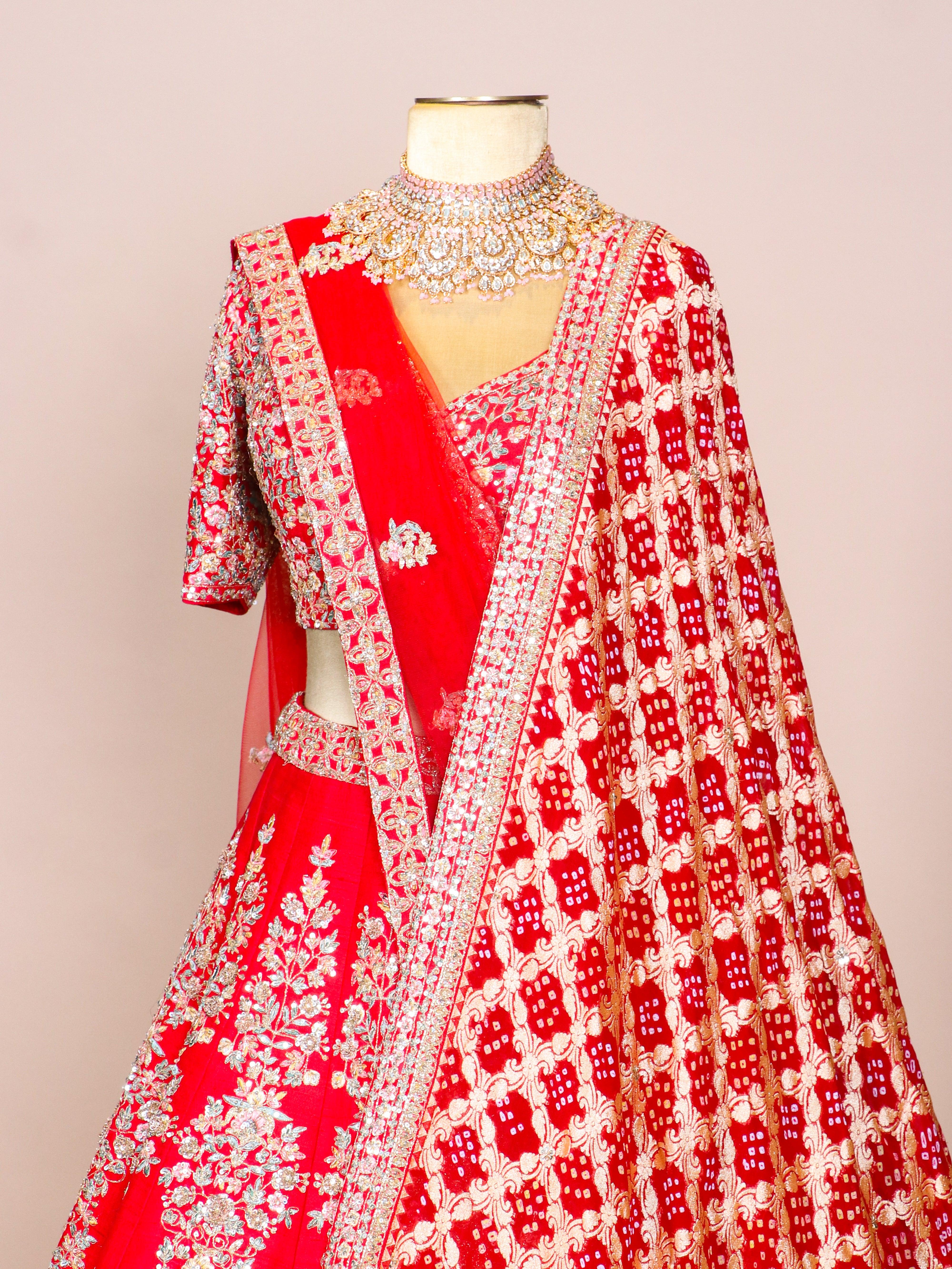 Designer Red Raw Silk Bridal Lehenga - Sumangal Ekam