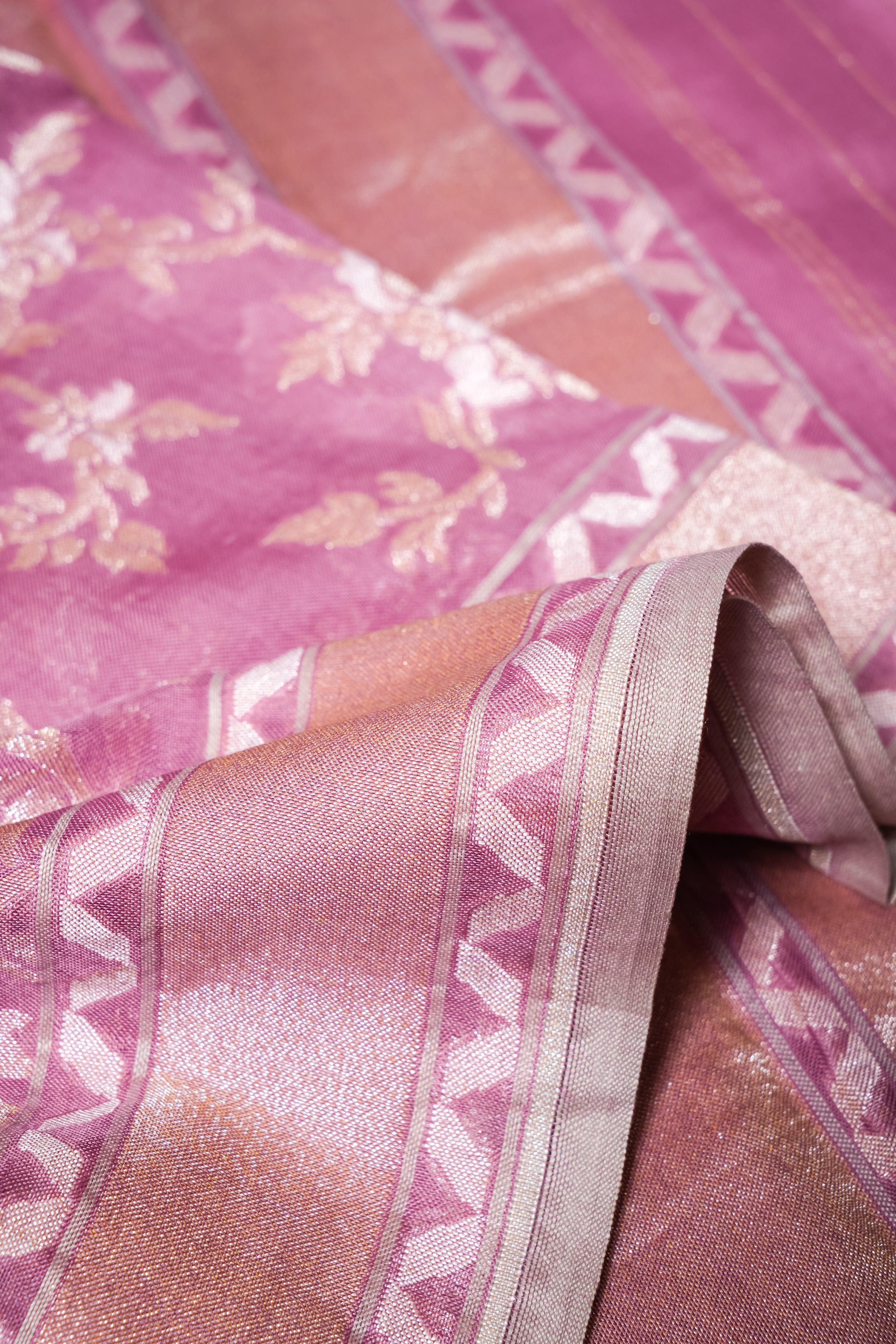 Handwoven Pink Banarasi Kora Cotton Silk Saree - Sumangal Ekam