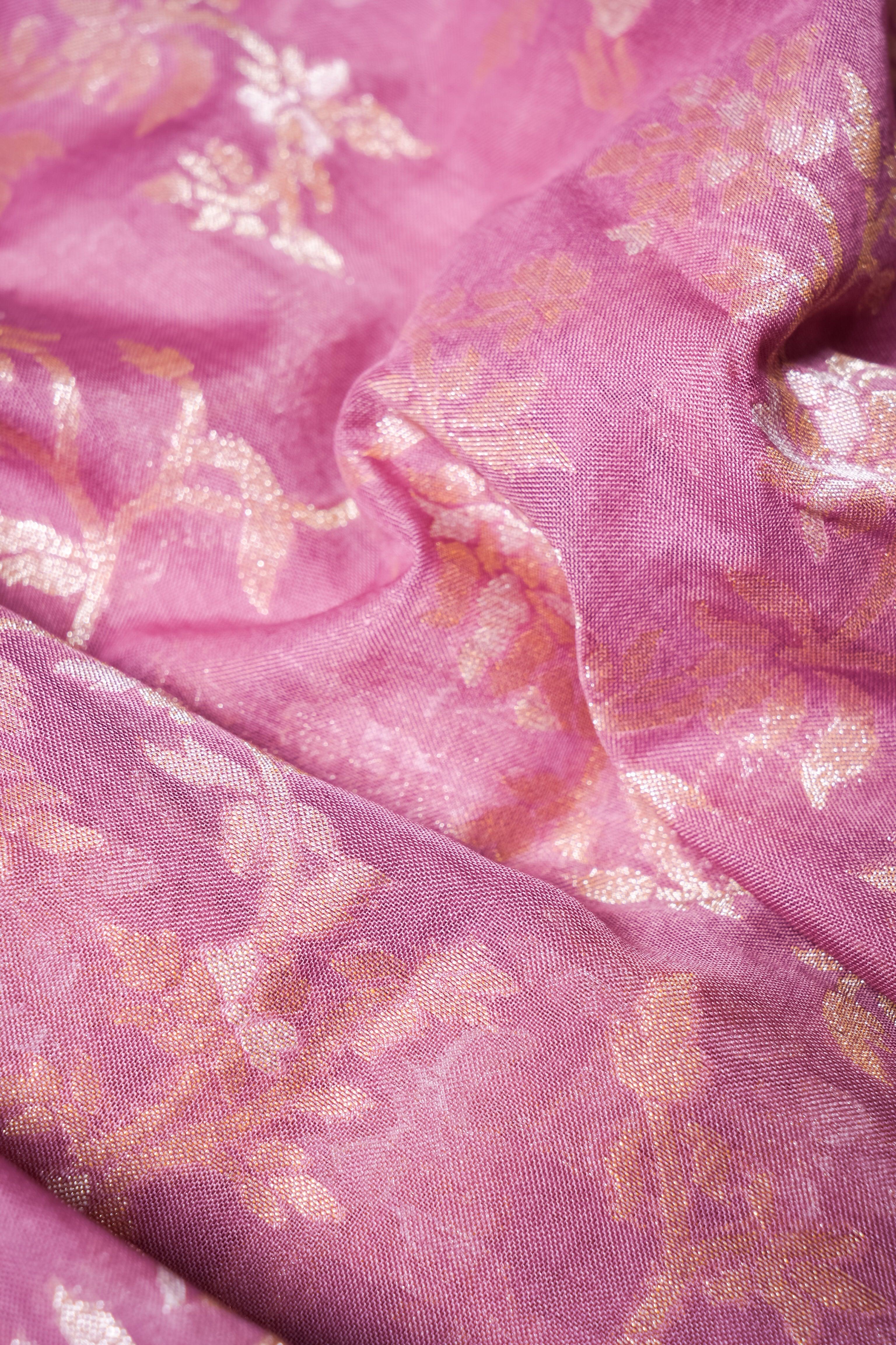Handwoven Pink Banarasi Kora Cotton Silk Saree - Sumangal Ekam