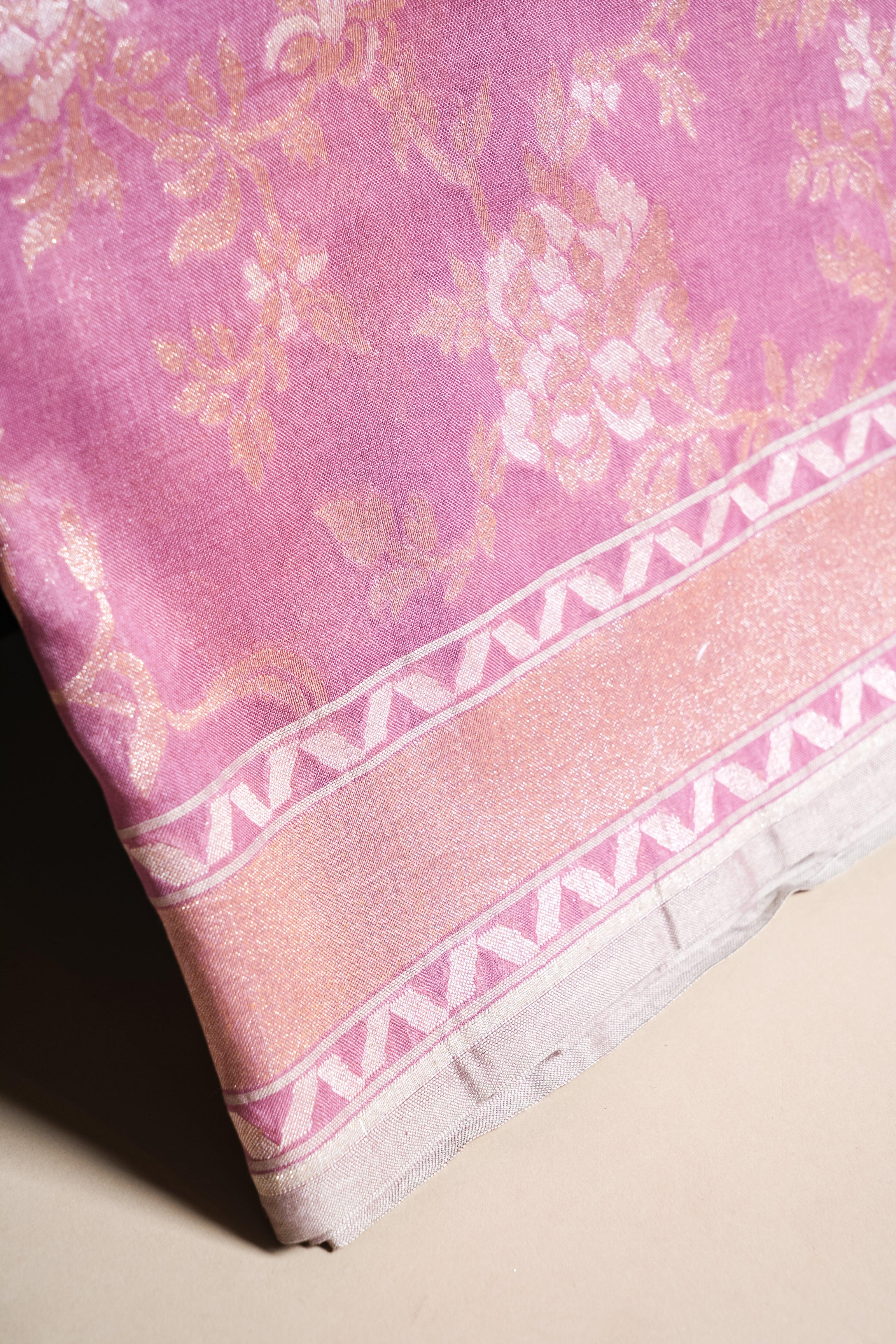 Handwoven Pink Banarasi Kora Cotton Silk Saree - Sumangal Ekam