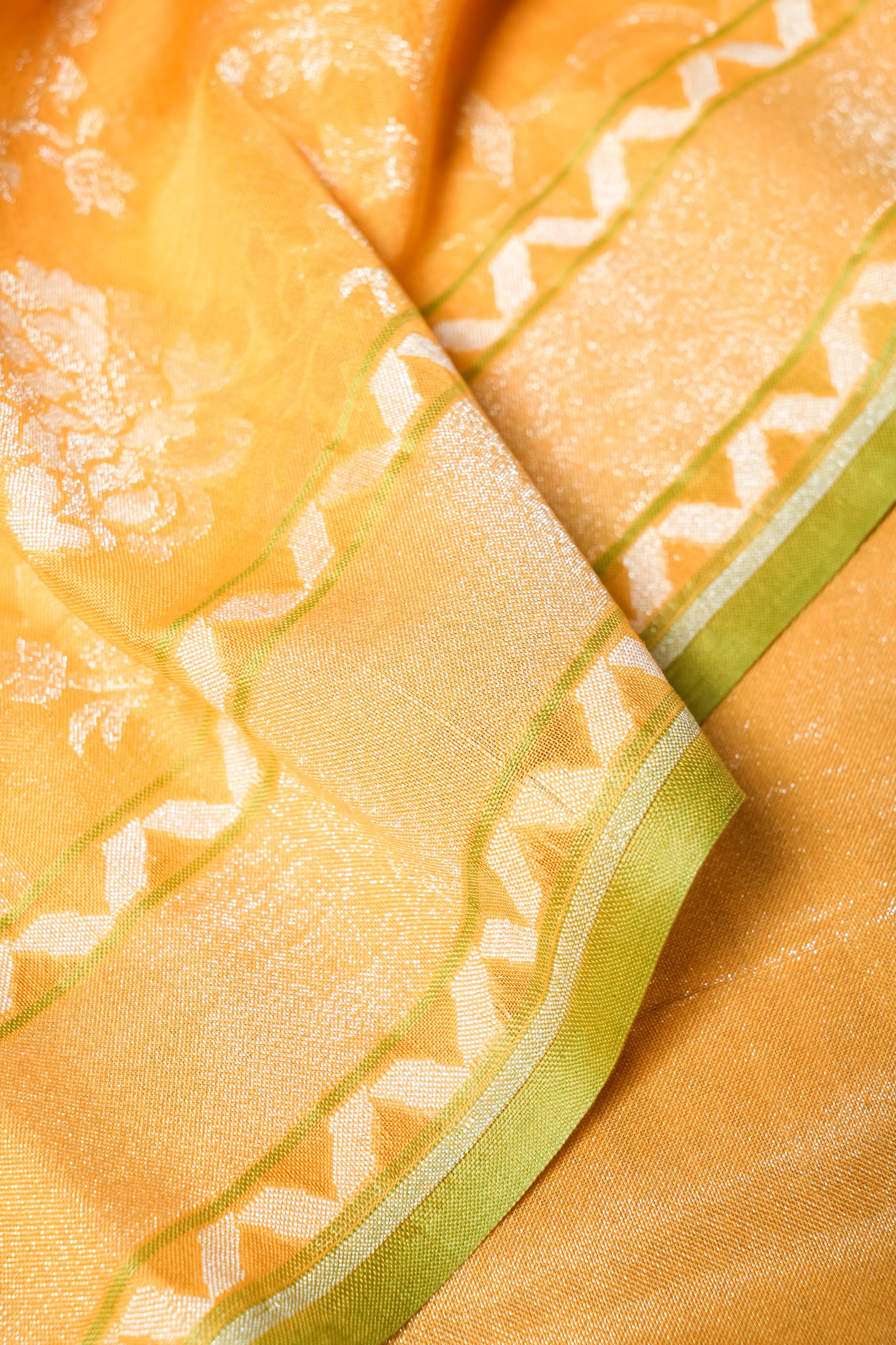 Handwoven Yellow Banarasi Kora Cotton Silk Saree - Sumangal Ekam