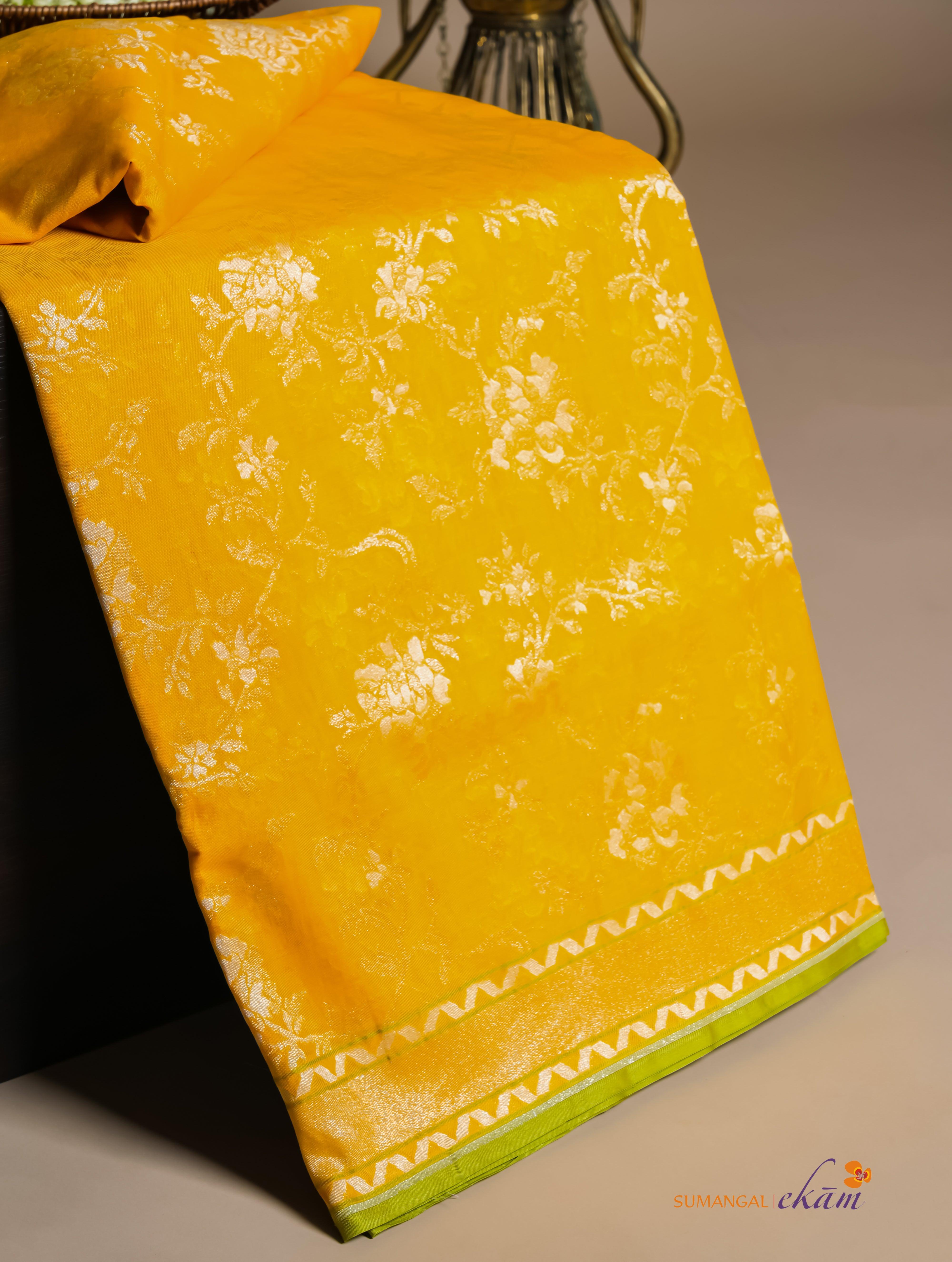 Handwoven Yellow Banarasi Kora Cotton Silk Saree - Sumangal Ekam