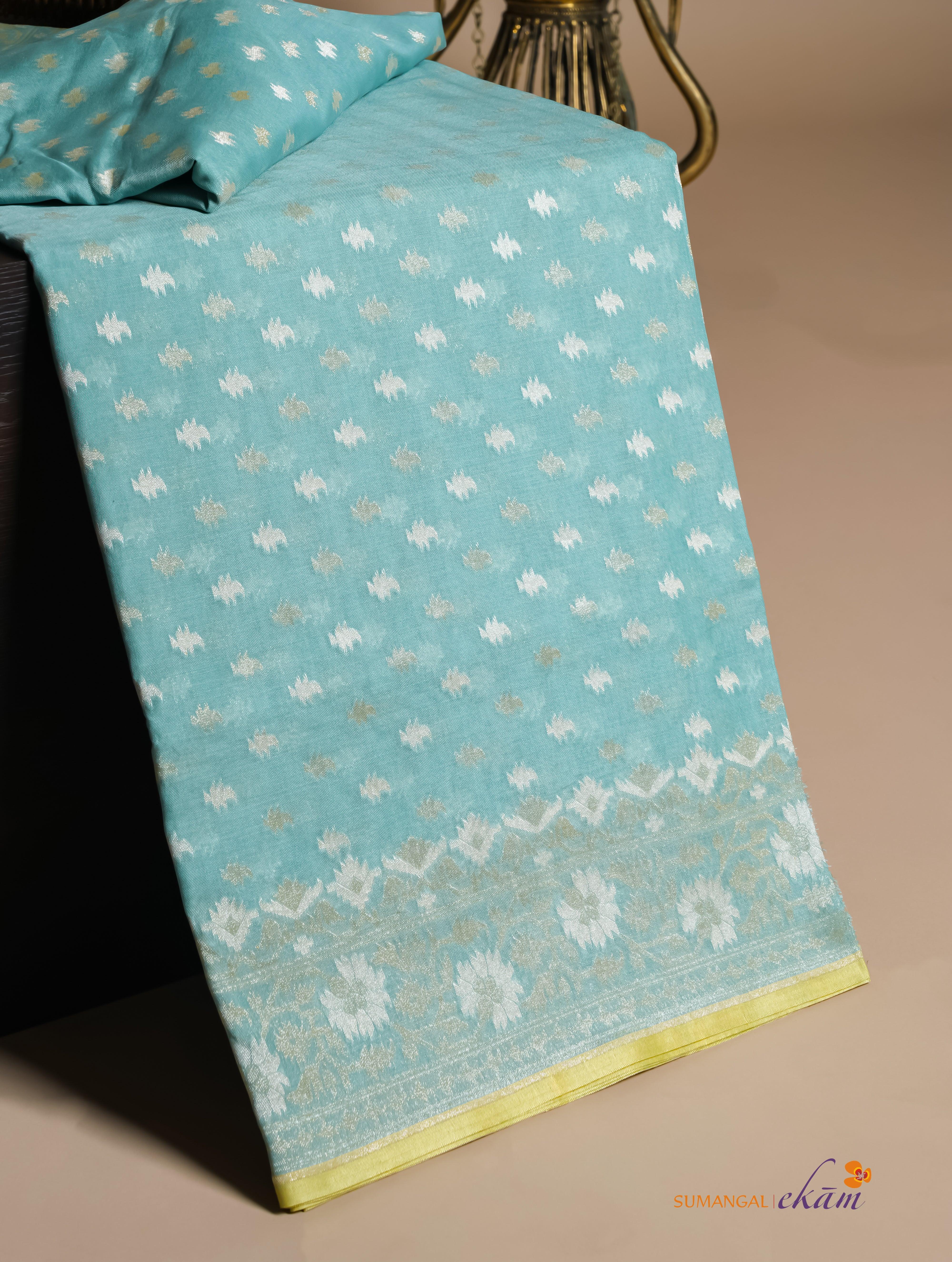 Handwoven Aqua Green Banarasi Kora Cotton Silk Saree - Sumangal Ekam