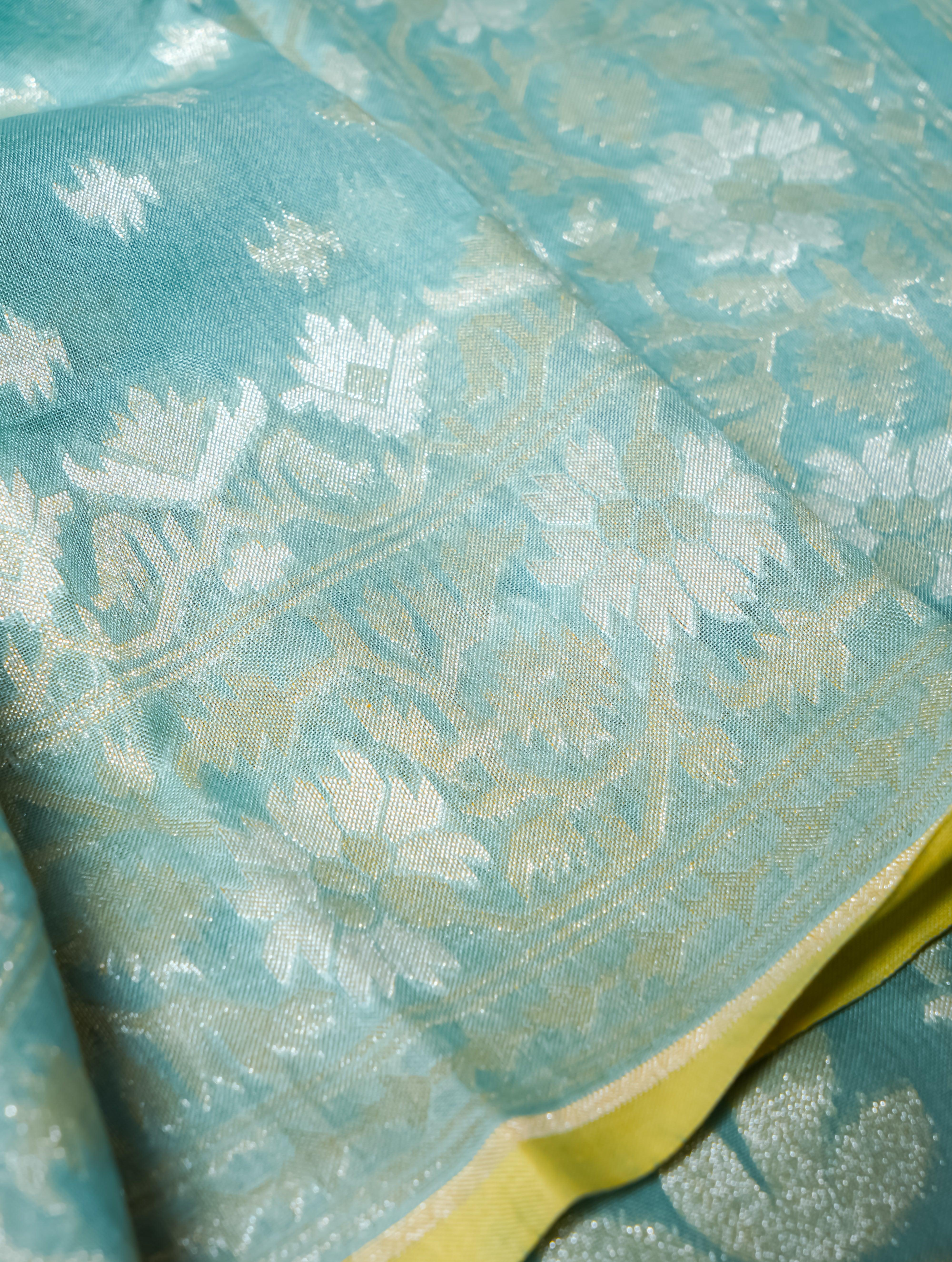 Handwoven Aqua Green Banarasi Kora Cotton Silk Saree - Sumangal Ekam