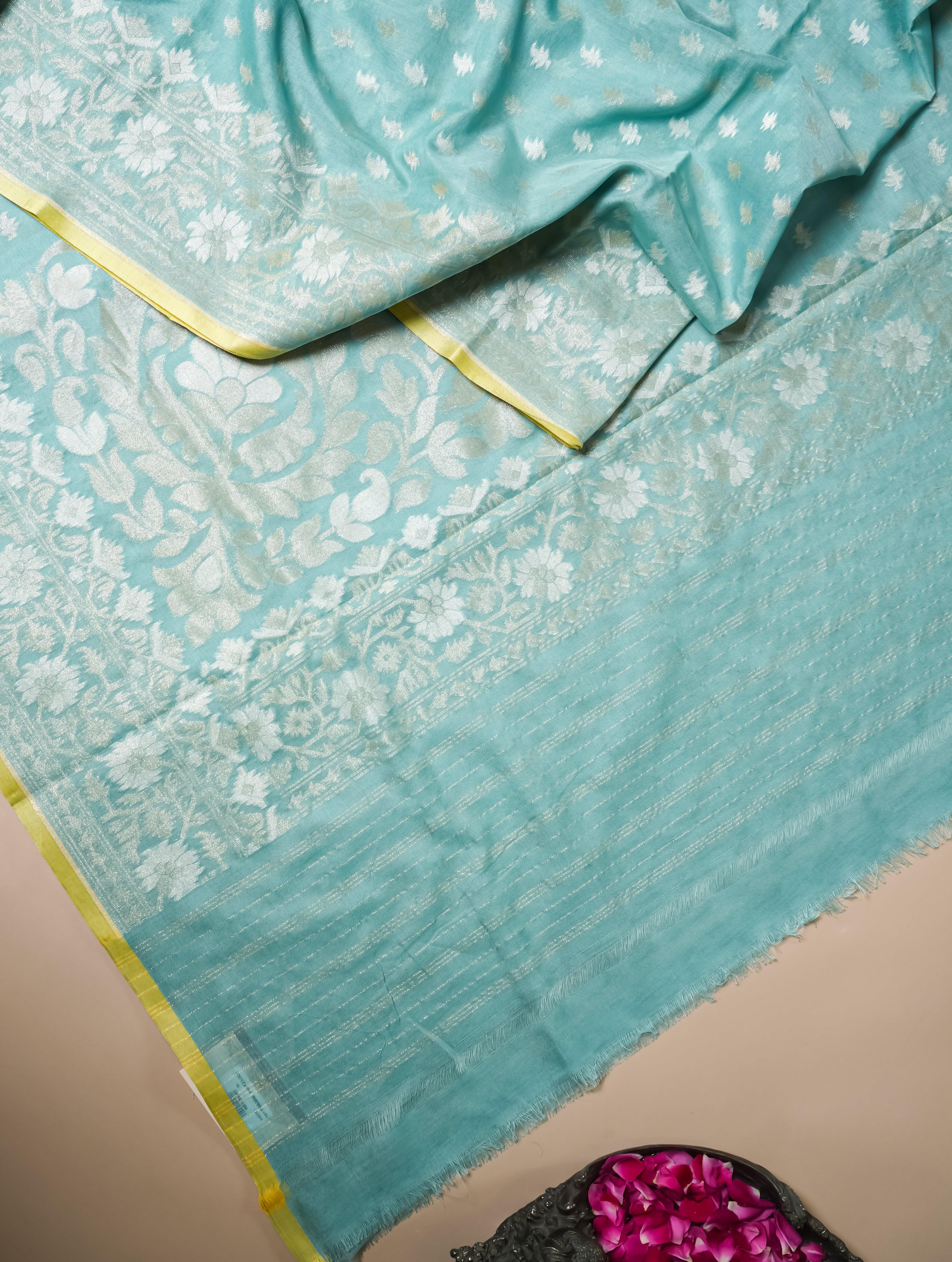 Handwoven Aqua Green Banarasi Kora Cotton Silk Saree - Sumangal Ekam
