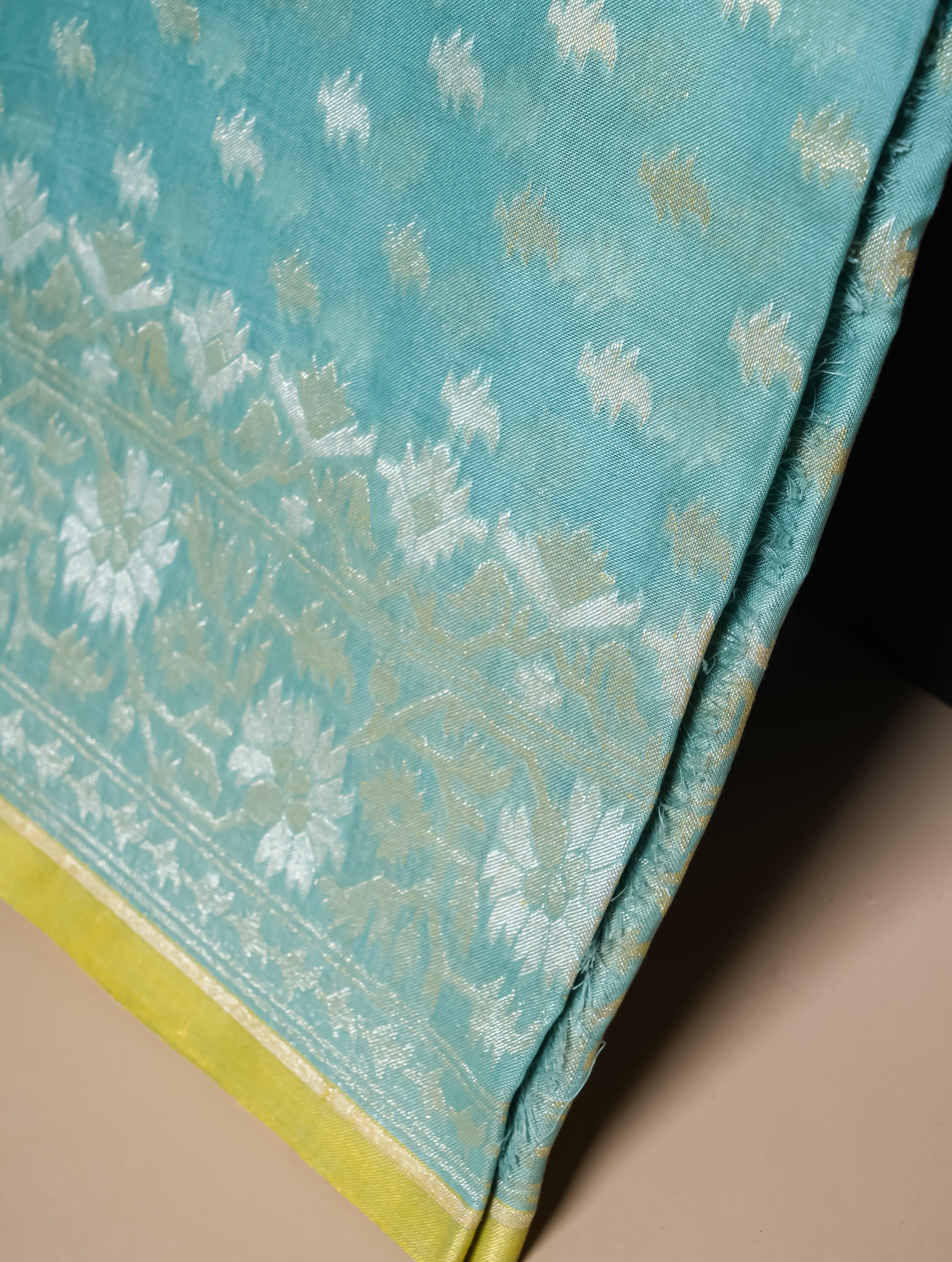 Handwoven Aqua Green Banarasi Kora Cotton Silk Saree - Sumangal Ekam