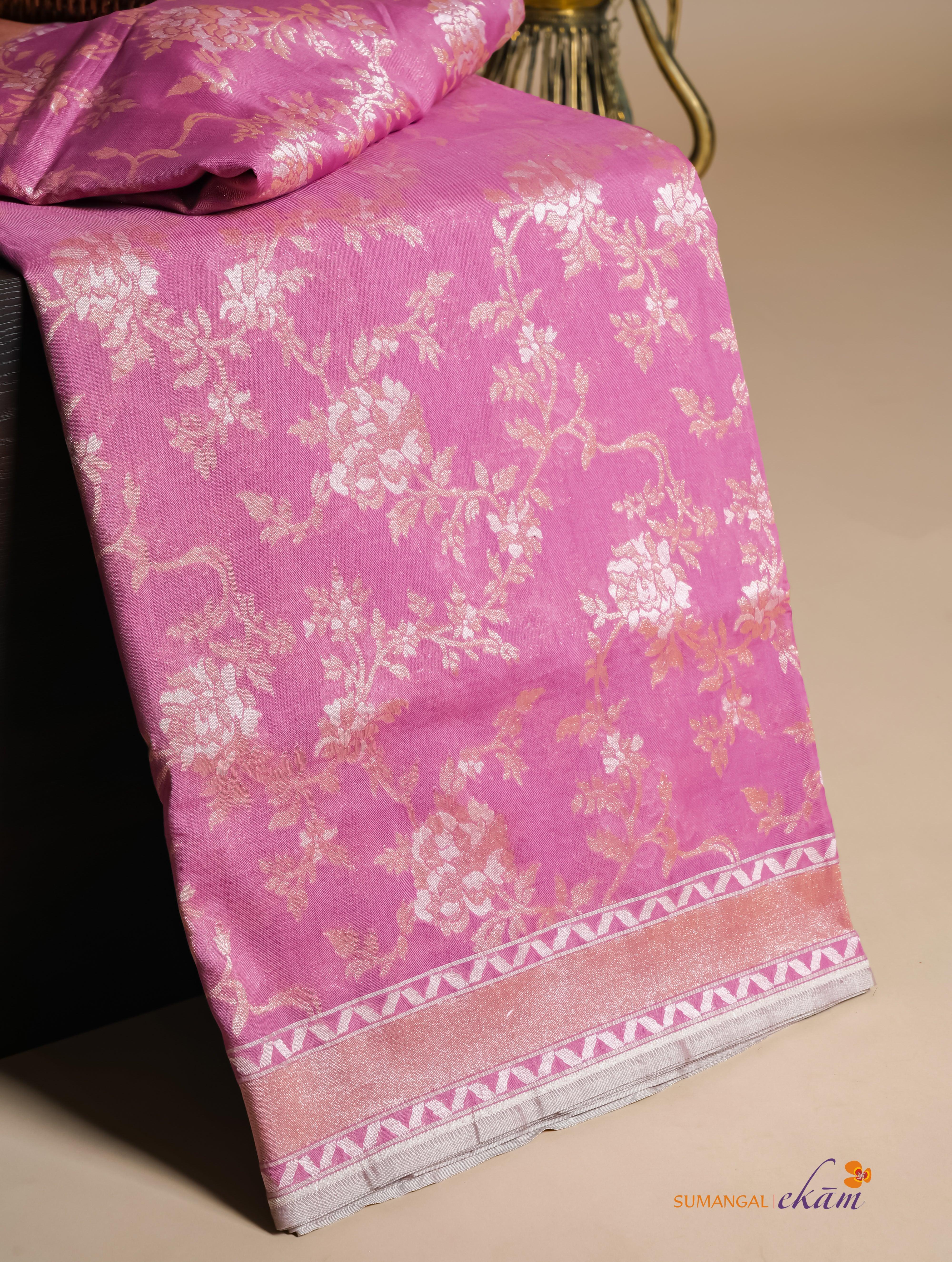 Handwoven Pink Banarasi Kora Cotton Silk Saree - Sumangal Ekam