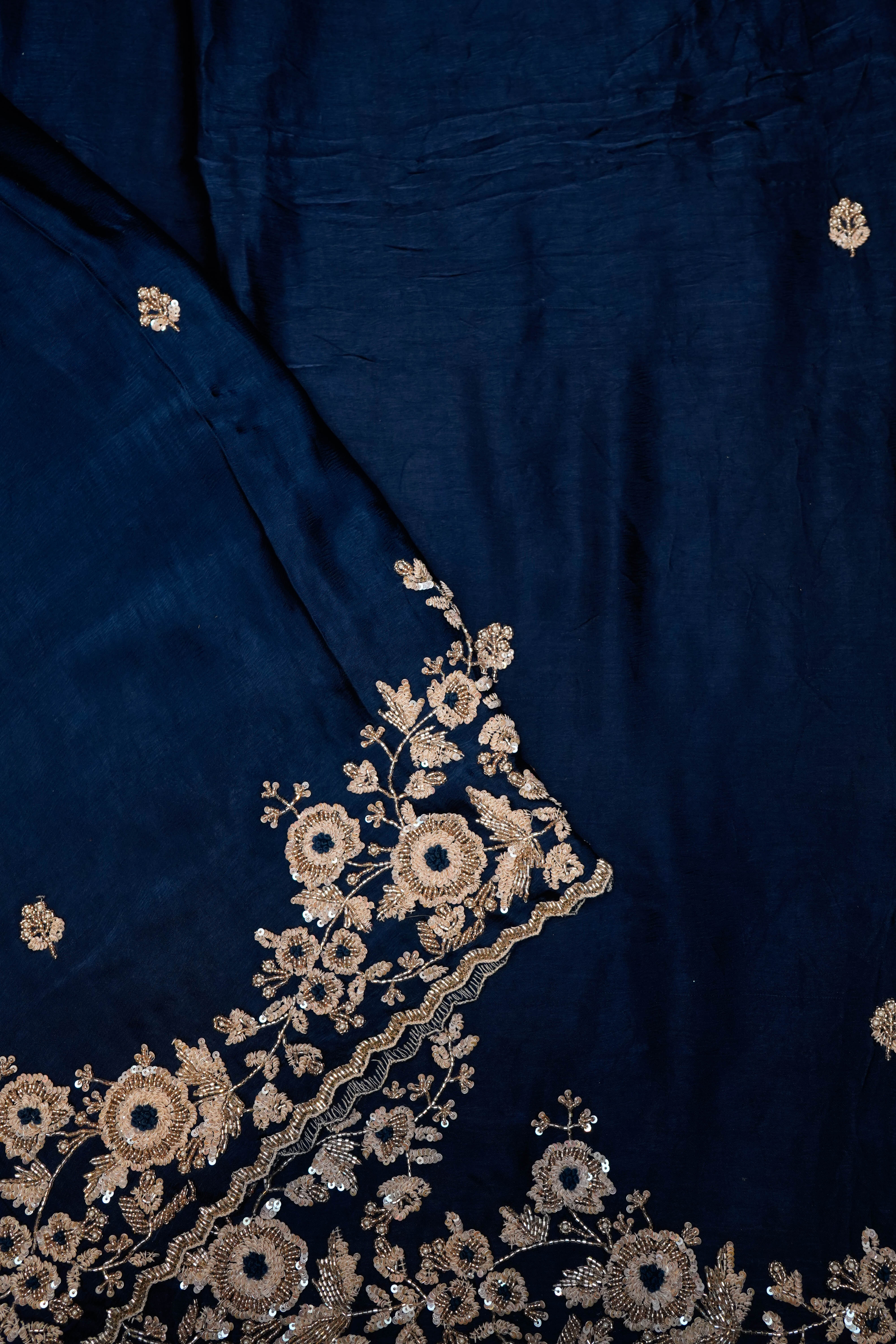 Designer Dark Teal Blue Crepe Silk Saree