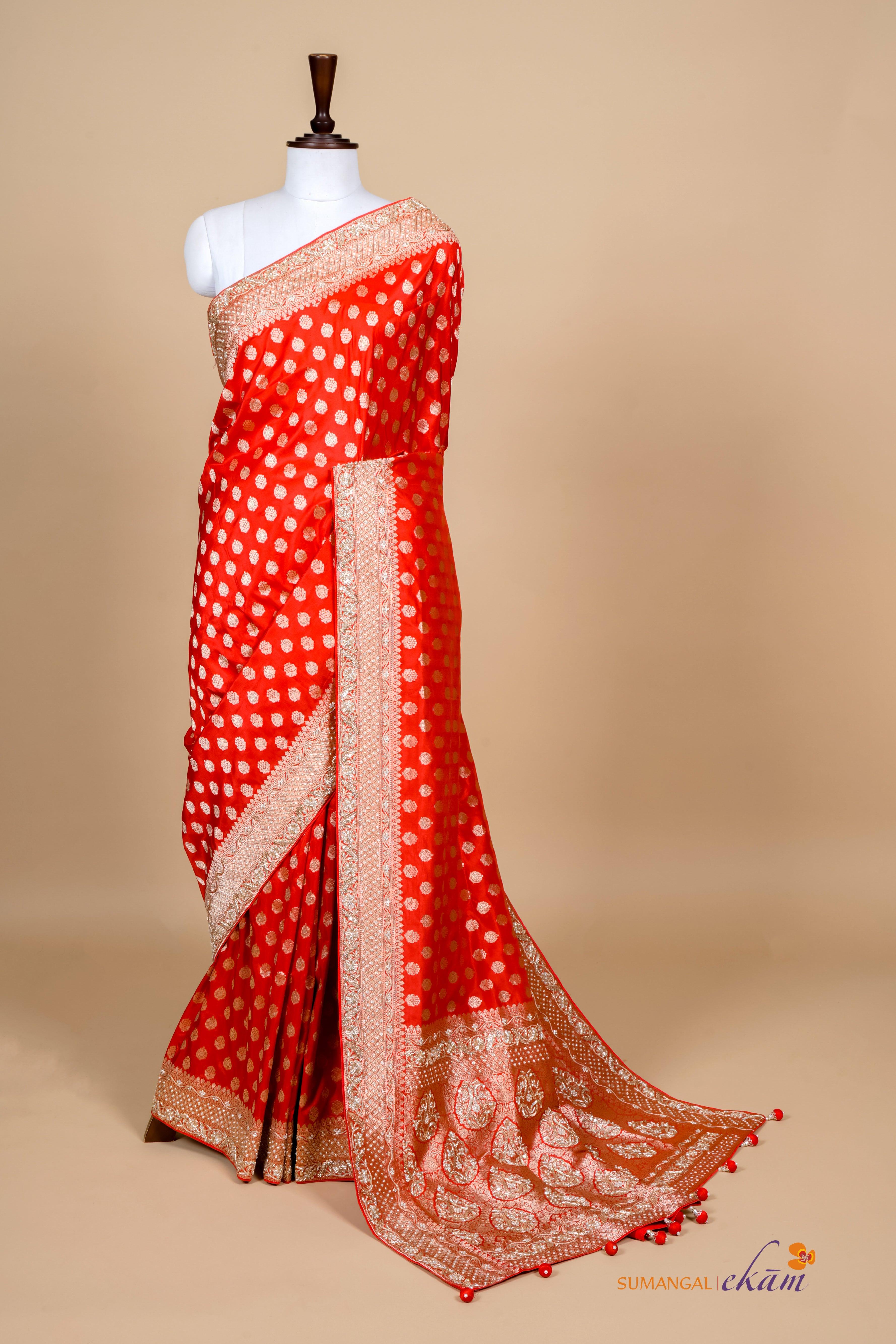Handwoven Red Banarasi Katan Silk Saree - Sumangal Ekam
