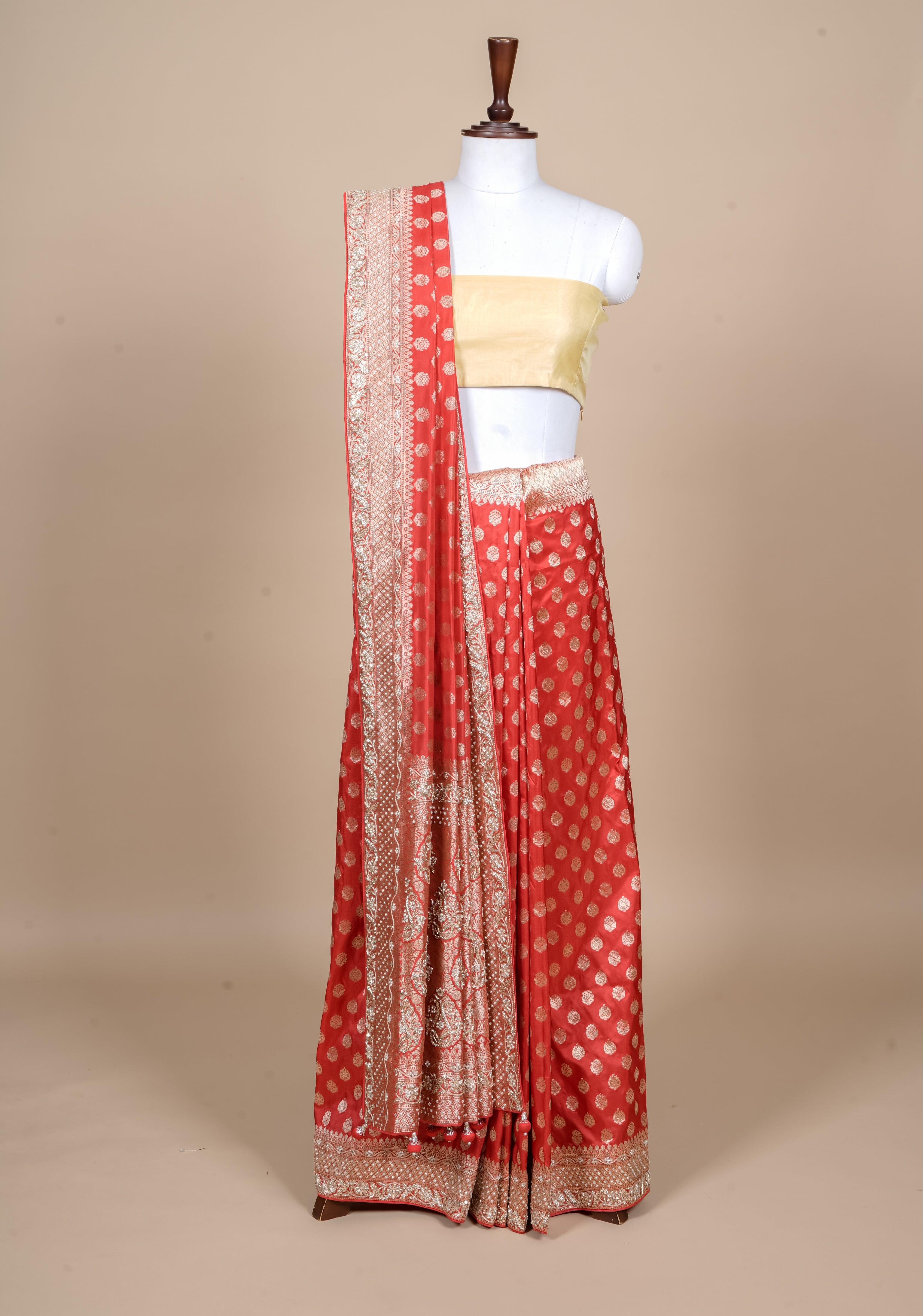 Handwoven Red Banarasi Katan Silk Saree - Sumangal Ekam