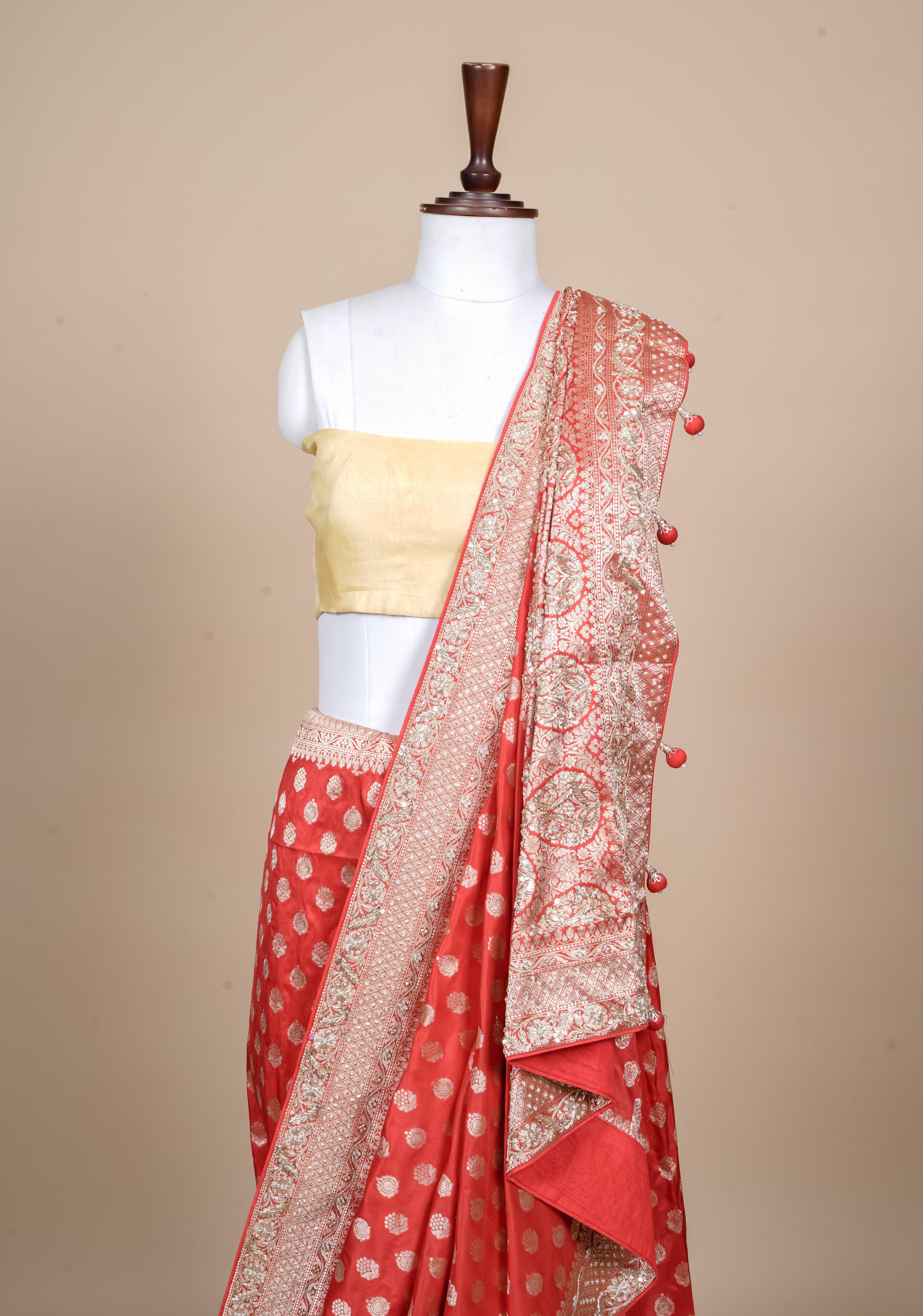 Handwoven Red Banarasi Katan Silk Saree - Sumangal Ekam