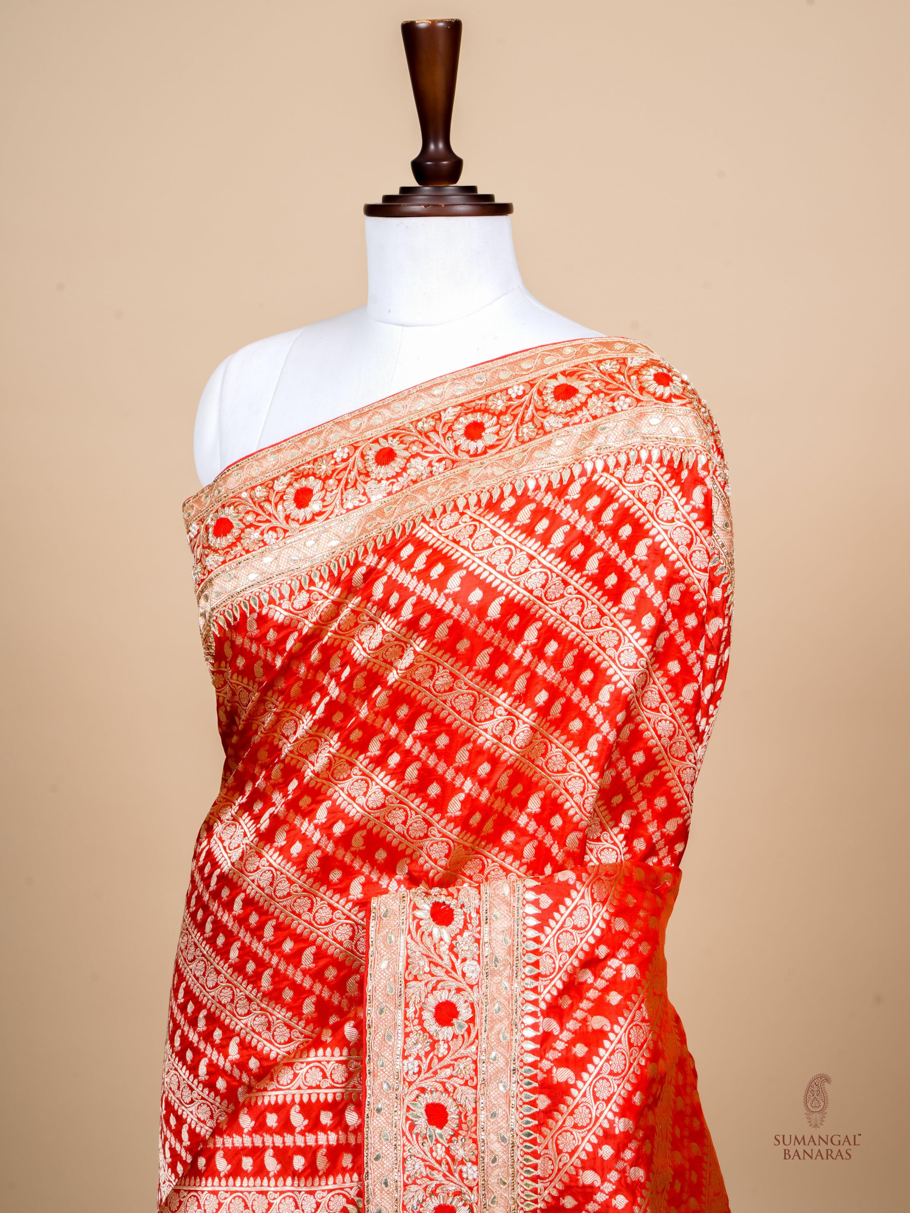 Handwoven Red Banarasi Katan Silk Saree - Sumangal Ekam