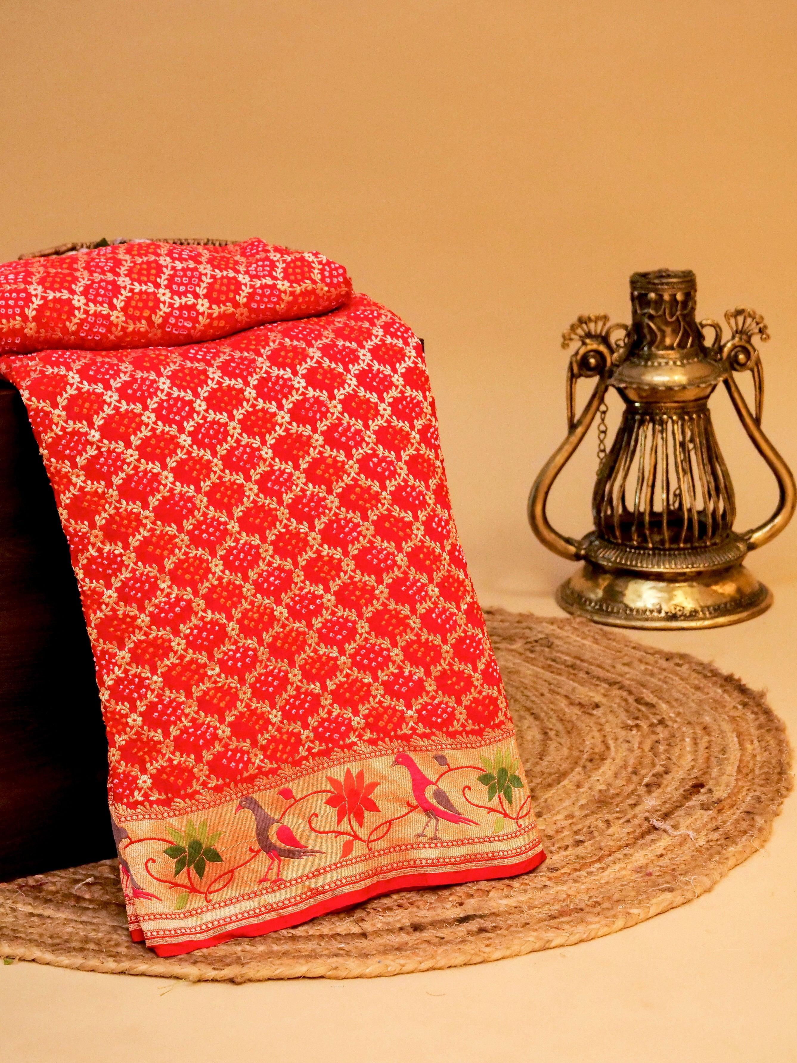 Handwoven Red Banarasi Georgette Silk Saree - Sumangal Ekam