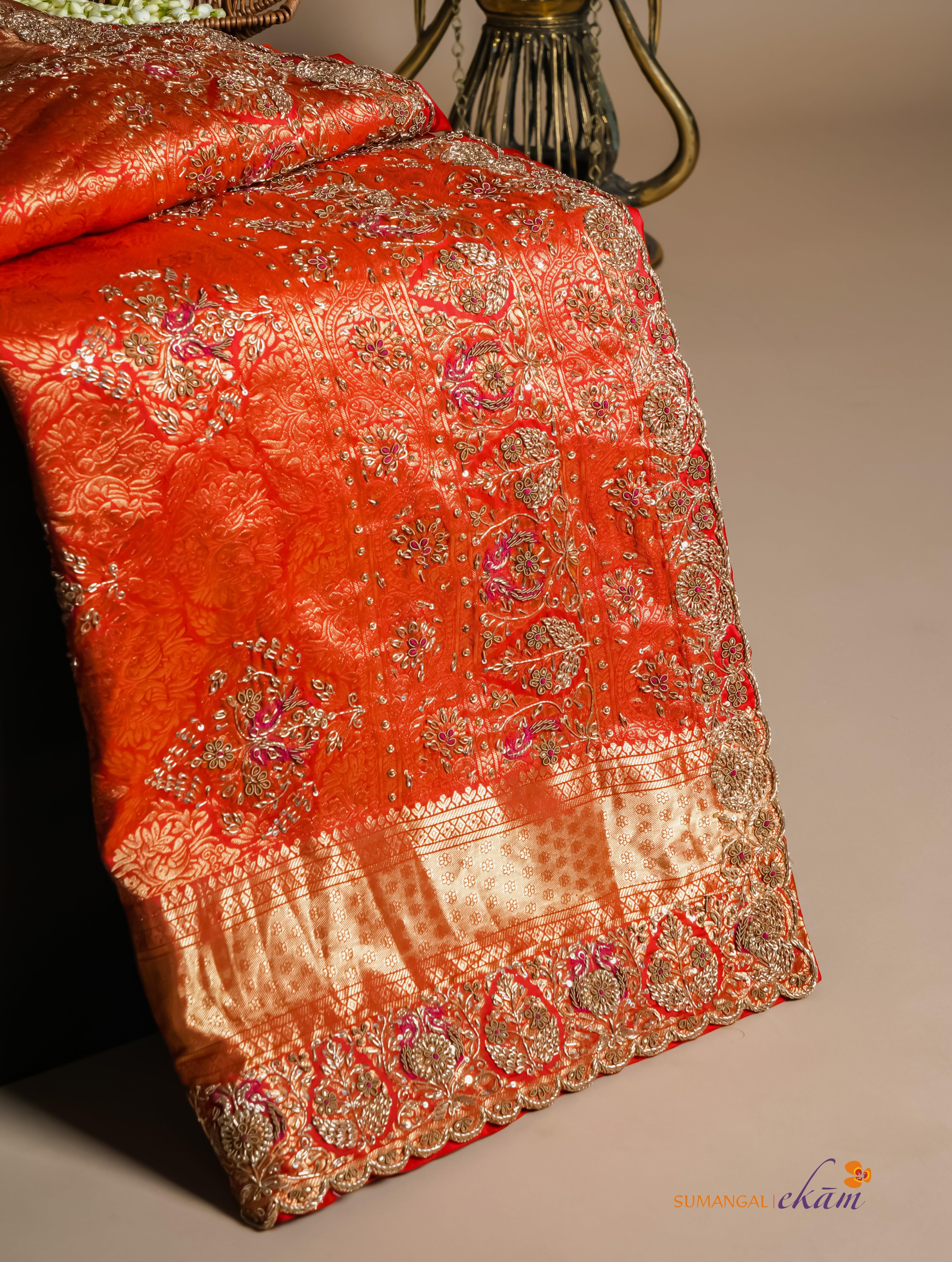 Designer Red Katan Silk Saree - Sumangal Ekam